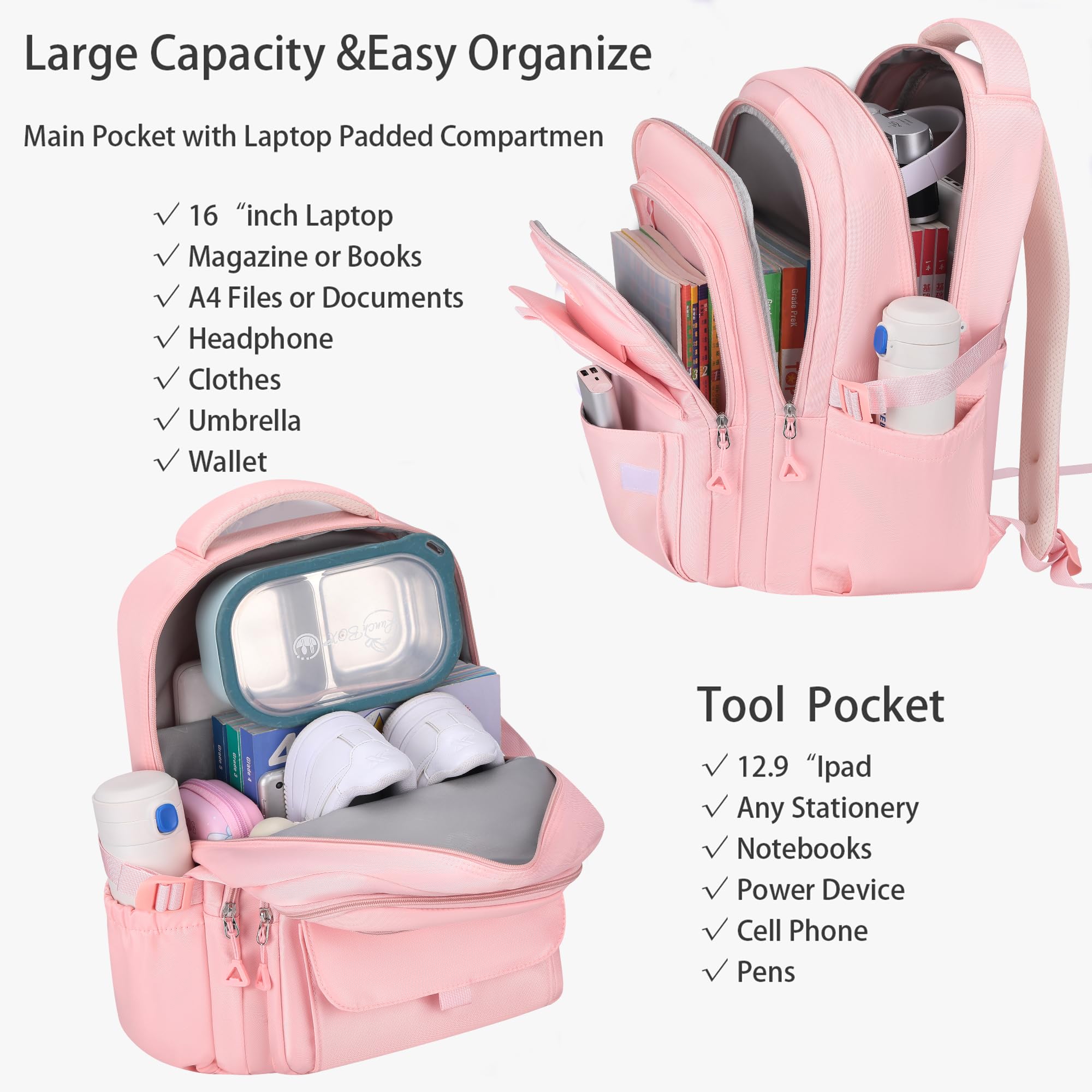 Zaino scolastico per ragazze, zaino estetico da donna, carino zaino, carino zaino per libri, adrette college, Colore: rosa., Einheitsgröße, Stile semplice