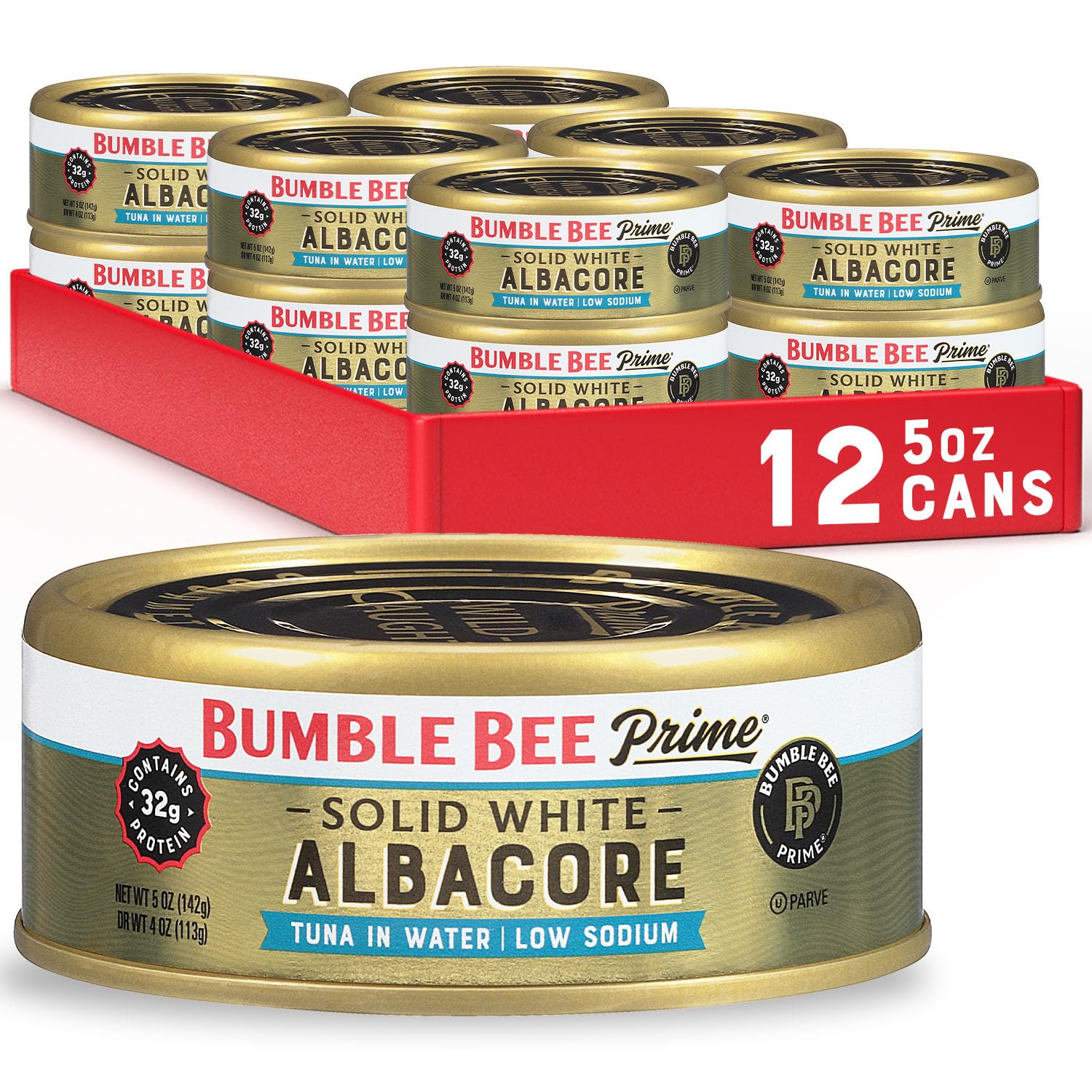 Bumble Bee Prime Low Sodium Solid White Albacore Tuna in Water, 5 oz Cans (Pack of 12) - Premium Wild Caught Tuna - 32g Protein per Serving - Non-GMO Project Verified, Gluten Free, Kosher