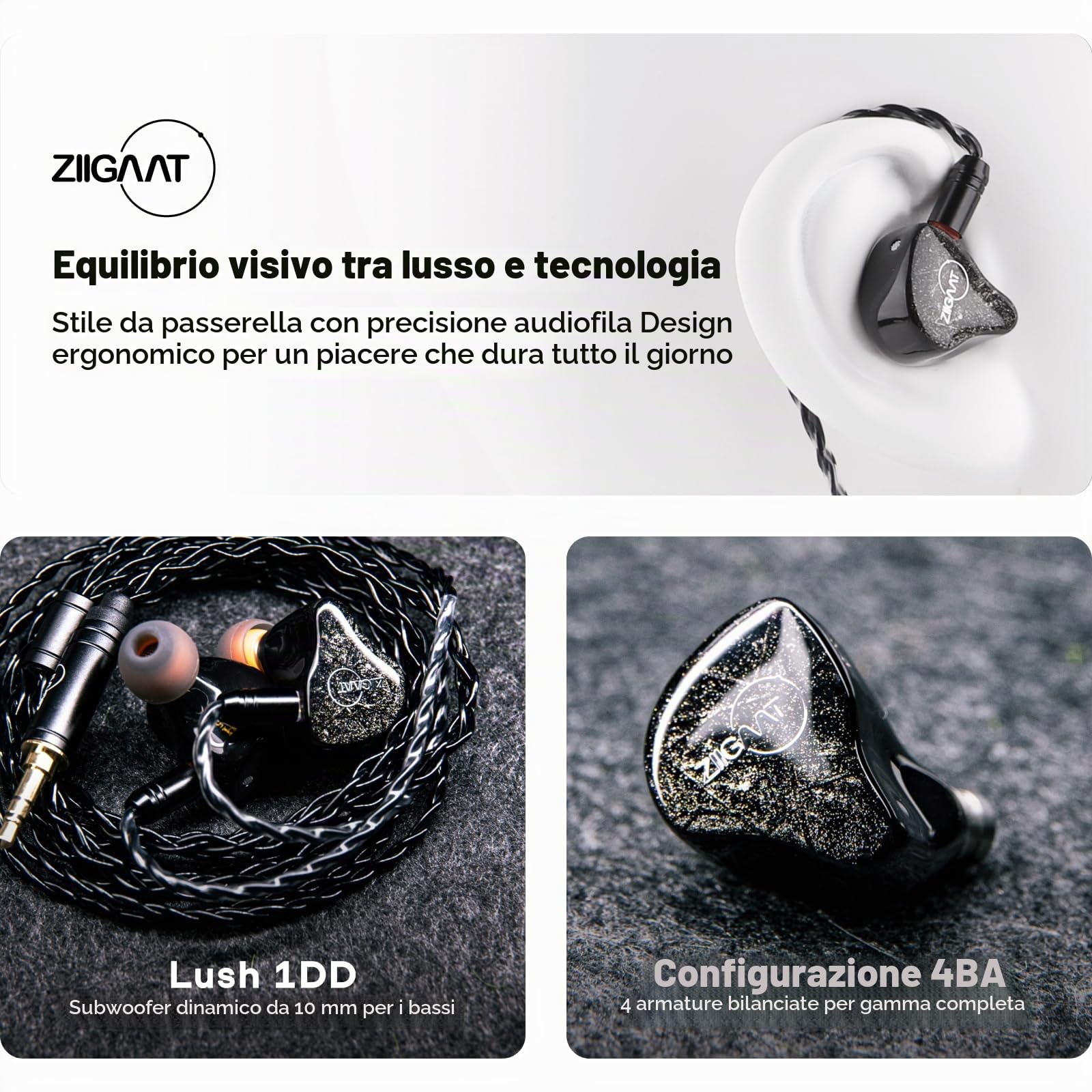 Linsoul ZiiGaat Lush in Ear Monitor, Cuffie IEM Ibride 1DDD+4BA, Cuffie da Studio con Cavo Staccabile per Professionisti della Musica Audiofili (Nero)
