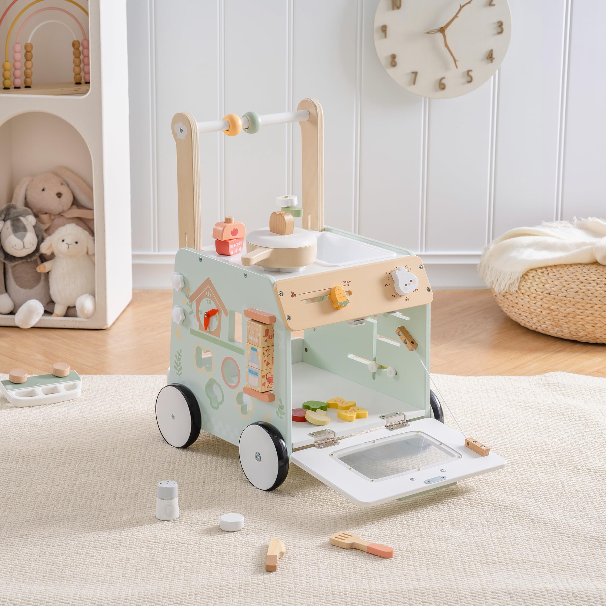 ROBUD Girello in legno per bambini piccoli, girello regolabile con centro giochi, ampio vano portaoggetti, regolazione di altezza e velocità, per bambini bambine 10M+