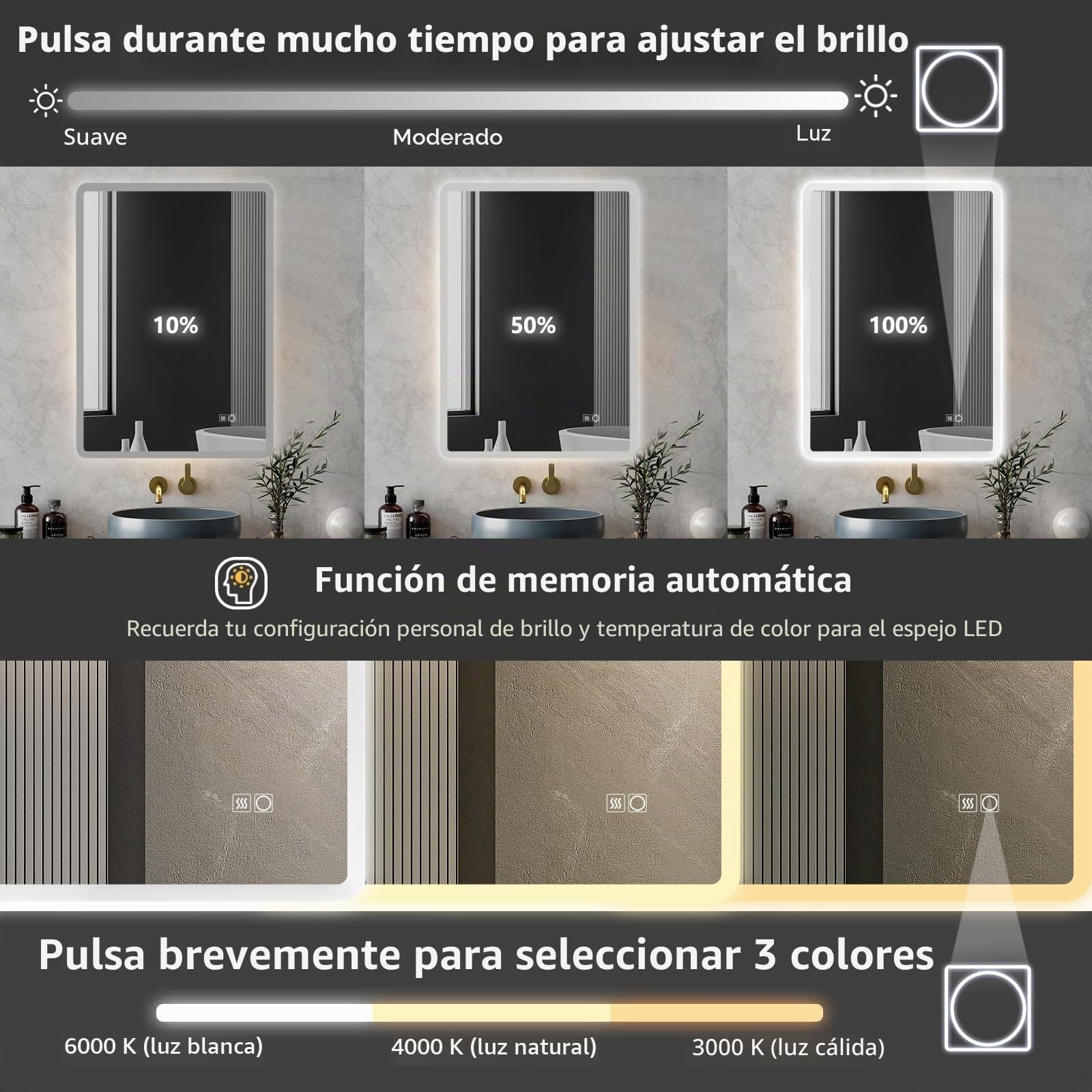 Espejo de baño antiniebla montado en la Pared de 70 x 50 cm, iluminación LED con 3 Luces Regulables de Color e Interruptor táctil, Montaje Horizontal/Vertical