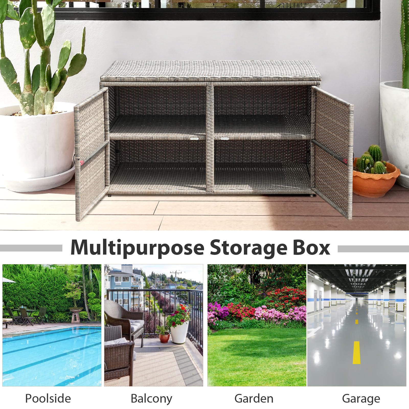 KOMFOTTEU Rattan Auflagenbox, Aufbewahrungstruhe mit Doppeltüren und Deckel, 2 stöckiger Gärtnerschrank, langlebige Aufbewahrungsbox, Aufbewahrungsbehälter für Garten, Hof(Grau)