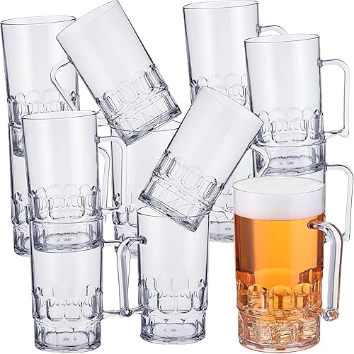 Juego de 12 tazas de cerveza de plástico con asas, vasos de plástico transparente de 26 onzas, vasos de plástico transparente a granel reutilizables