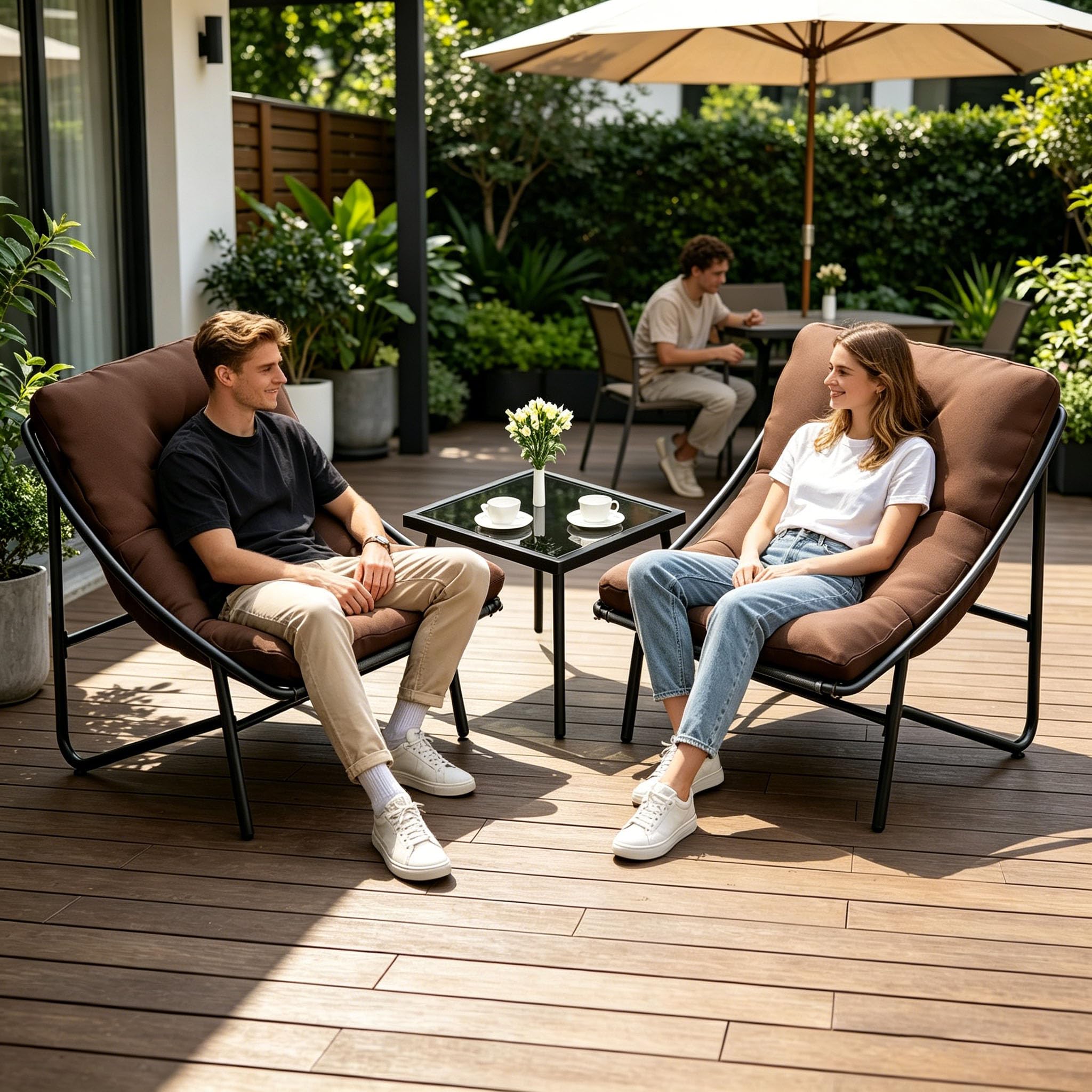 Set di mobili da balcone, 3 pezzi, mobili da giardino e terrazza con 2 sedie, tavolo e cuscini, set da balcone per 2 persone, tavolino in vetro temperato, piccoli mobili da balcone per cortile