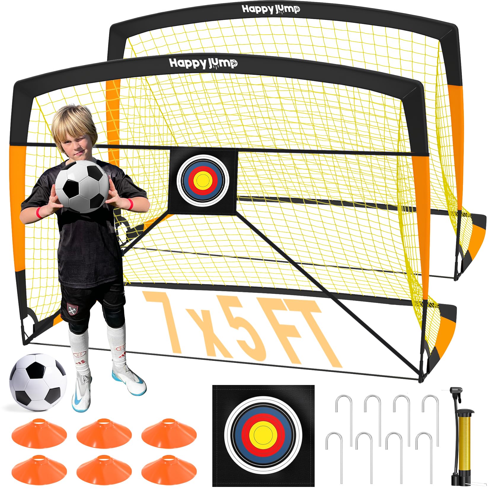 Happy Jump Set of 2 Pop-Up Football Goals – 7x5FT Black-Orange with Target Sheet, Ball, Pump & Cones | Upgraded Robust Portable Nets for Garden & Outdoor Training