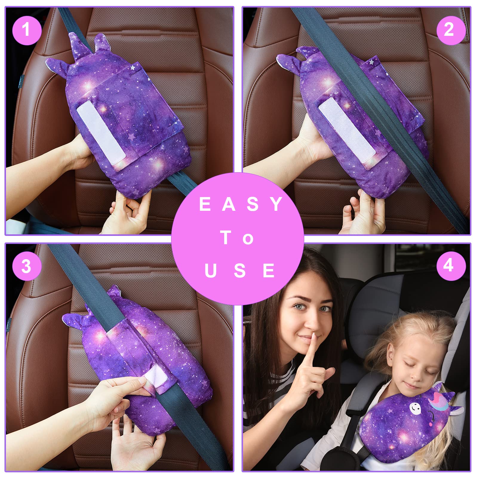 FIODAY Copri cinture di sicurezza per bambini, con unicorno, morbido cuscino per cintura di sicurezza, regolabile, supporto per testa e collo, per bambini, ragazzi e ragazze, da viaggio, viola scuro