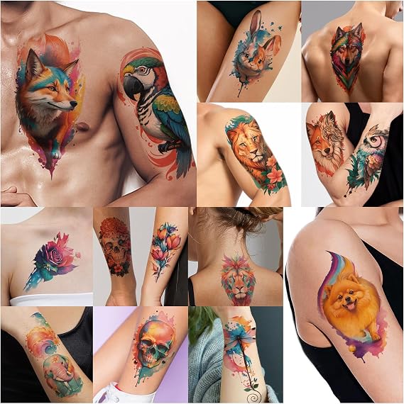 77 Sheets Temporary Tattoo, 17 Sheets Half Arm Flower Lion Tiger Cat Owl Parrot Fake Tattoos for Adults Shoulder Neck, 60 Sheets Tiny Waterproof Temporary Tattoos Realistic for Women Girls and Kids
