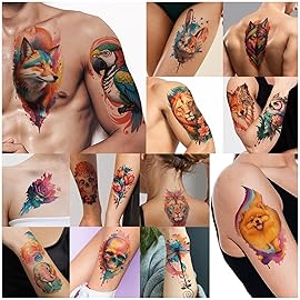 77 Sheets Temporary Tattoo, 17 Sheets Half Arm Flower Lion Tiger Cat Owl Parrot Fake Tattoos for Adults Shoulder Neck, 60 Sheets Tiny Waterproof Temporary Tattoos Realistic for Women Girls and Kids