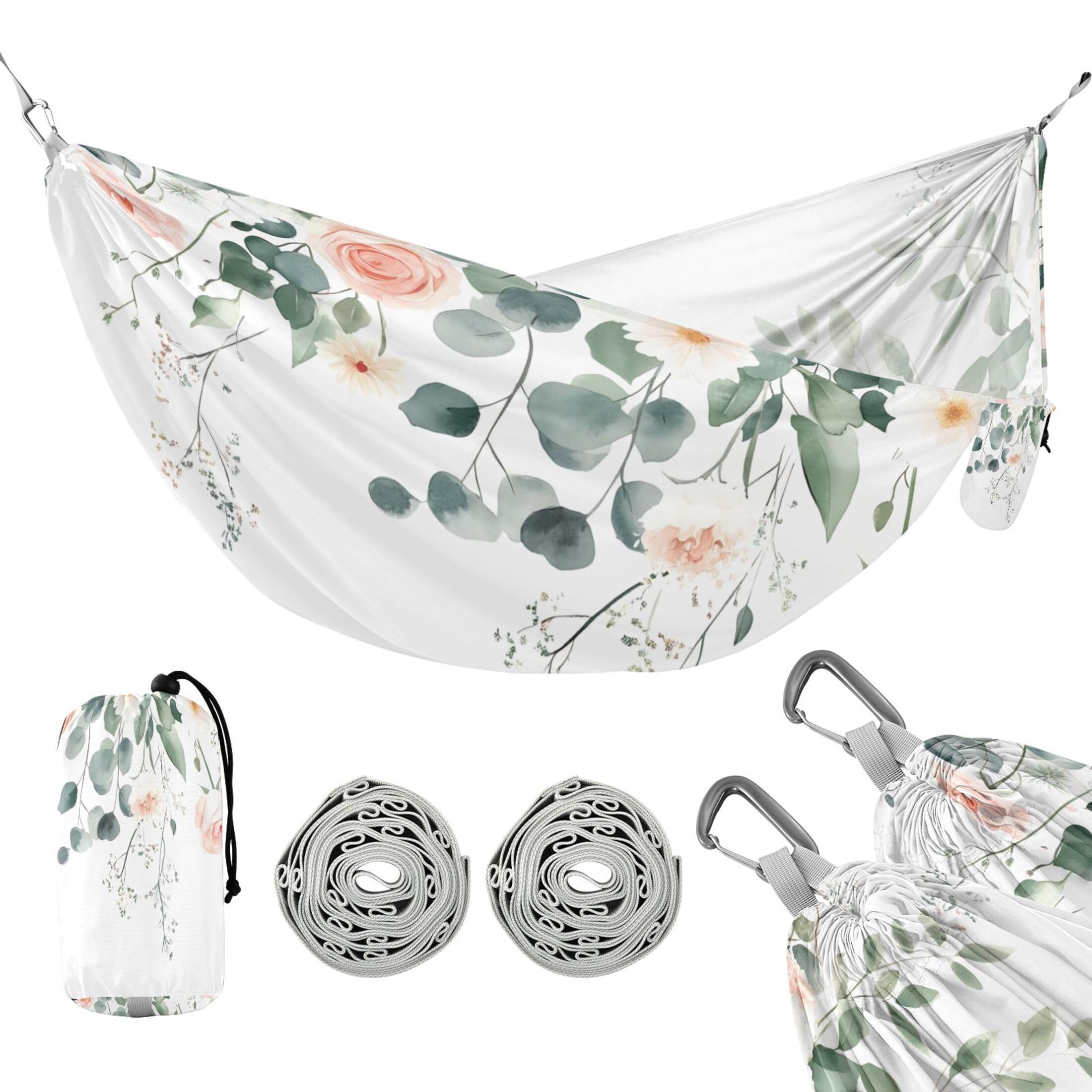 Takiito Watercolor Floral Hammock 330 lb Capacity Travel Camping Hammock with Tree Straps, Portable Lightweight for Outdoor Beach Backpacking Backyard Patio