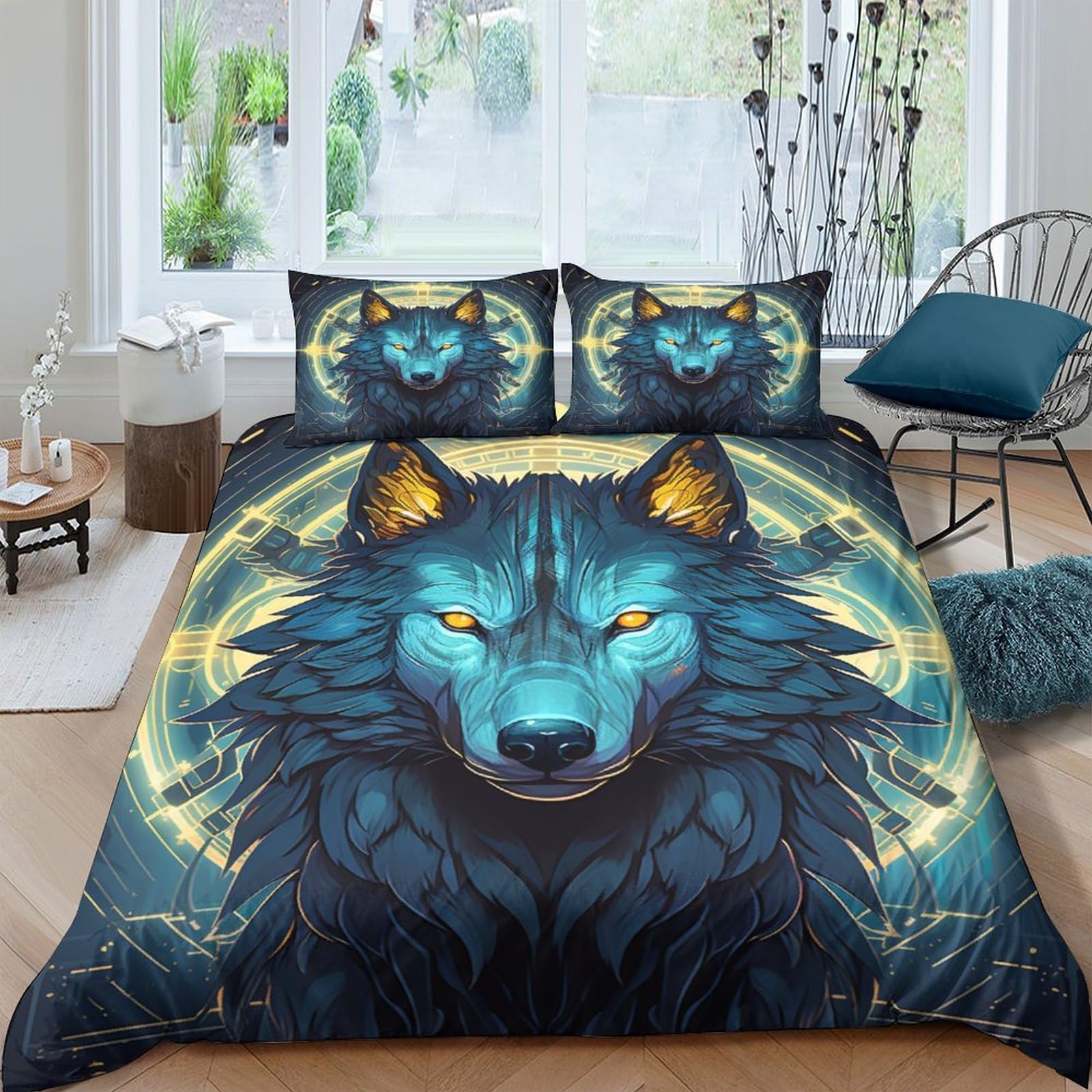 Housse de couette loup avec taies d'oreiller pour lit enfant et ado