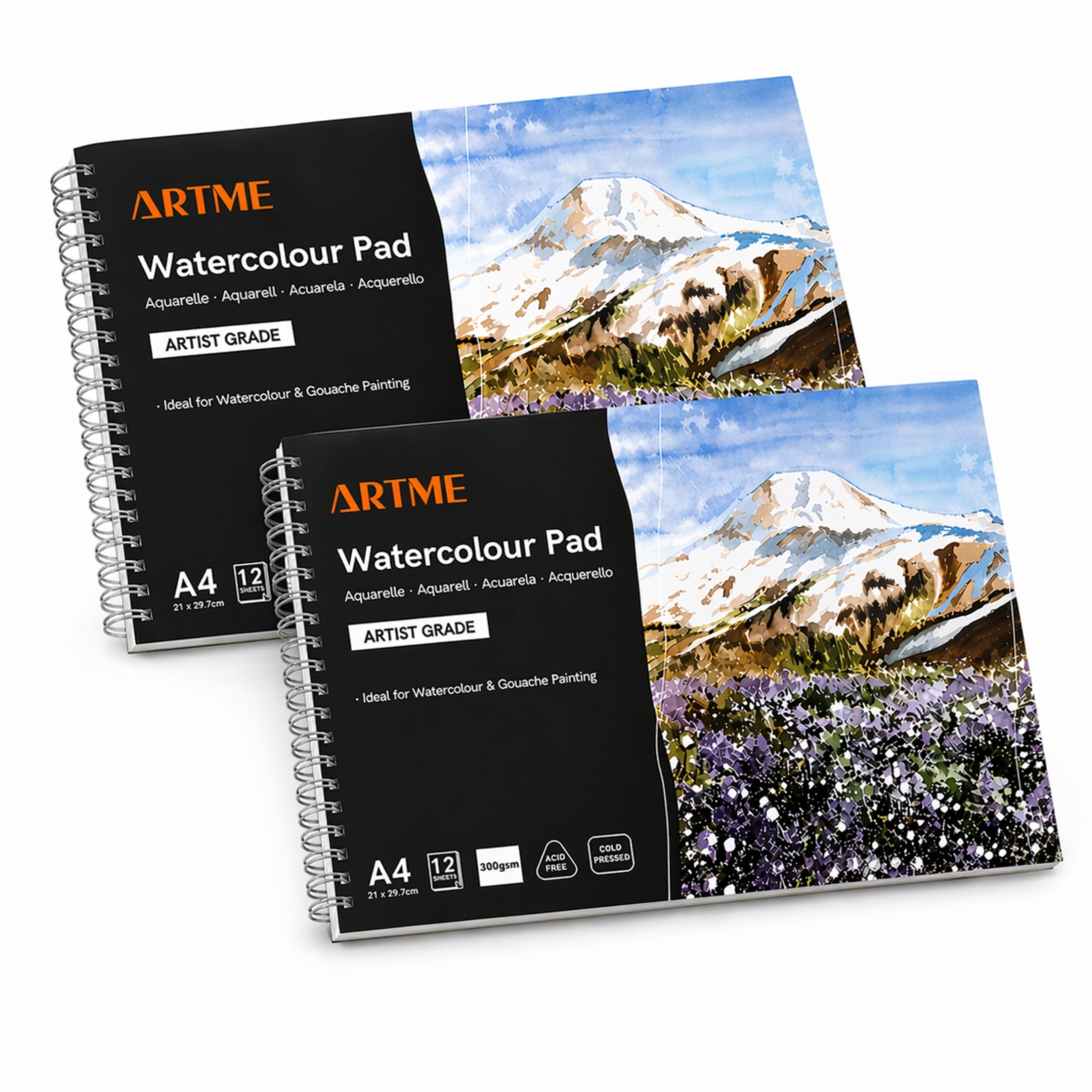 Artme A4 Watercolour Pad, 300gsm, 12 Sheets, Cold Pressed, Acid-Free, Dual Textured Paper, Heavyweight Watercolor Sketchbook for Aquarelle, Gouache & Painting (2 Pack)