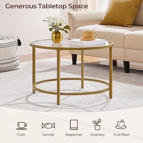 Miniatura 31 de Yaheetech Mesa de centro de cristal dorado para sala de estar, mesa de centro redonda de vidrio de 36 pulgadas con marco de metal, mesa de centro