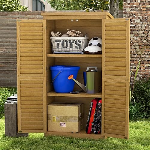 Miniatura 2 de Patiowell Armario de almacenamiento para exteriores con 3 estantes, cobertizo de madera con techo impermeable, cobertizo vertical exterior alto para