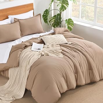 Andency Taupe King Size Comforter Set - 7 قطع سرير كاكي تان في حقيبة مجموعات لحاف الفراش كينغ، معزي صيفي صلب خفيف الوزن مع صفائح مجهزة، صفائح مسطحة، أغطية وسائد وشمس