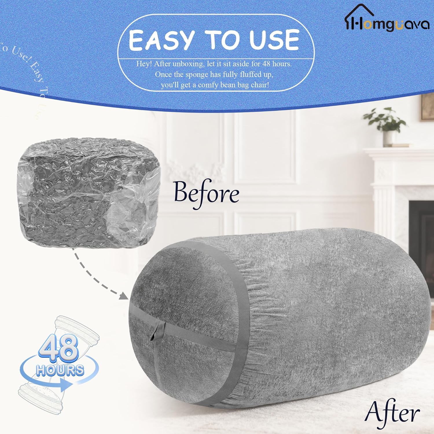 Homguava 6FT Bean Bag Chair Giant Bean Bag Chairs for Adults with Memory Foam Filled,Beanbag Chair with Soft Faux Fur Cover,Comfy Bean Bag Sofa Lounger for Living Room,Game Room,Bedroom