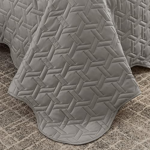Miniatura 7 de Juego de edredón tamaño King de 3 piezas, colcha de verano suave y ligera, colcha reversible de microfibra para todas las estaciones, gris, patrón