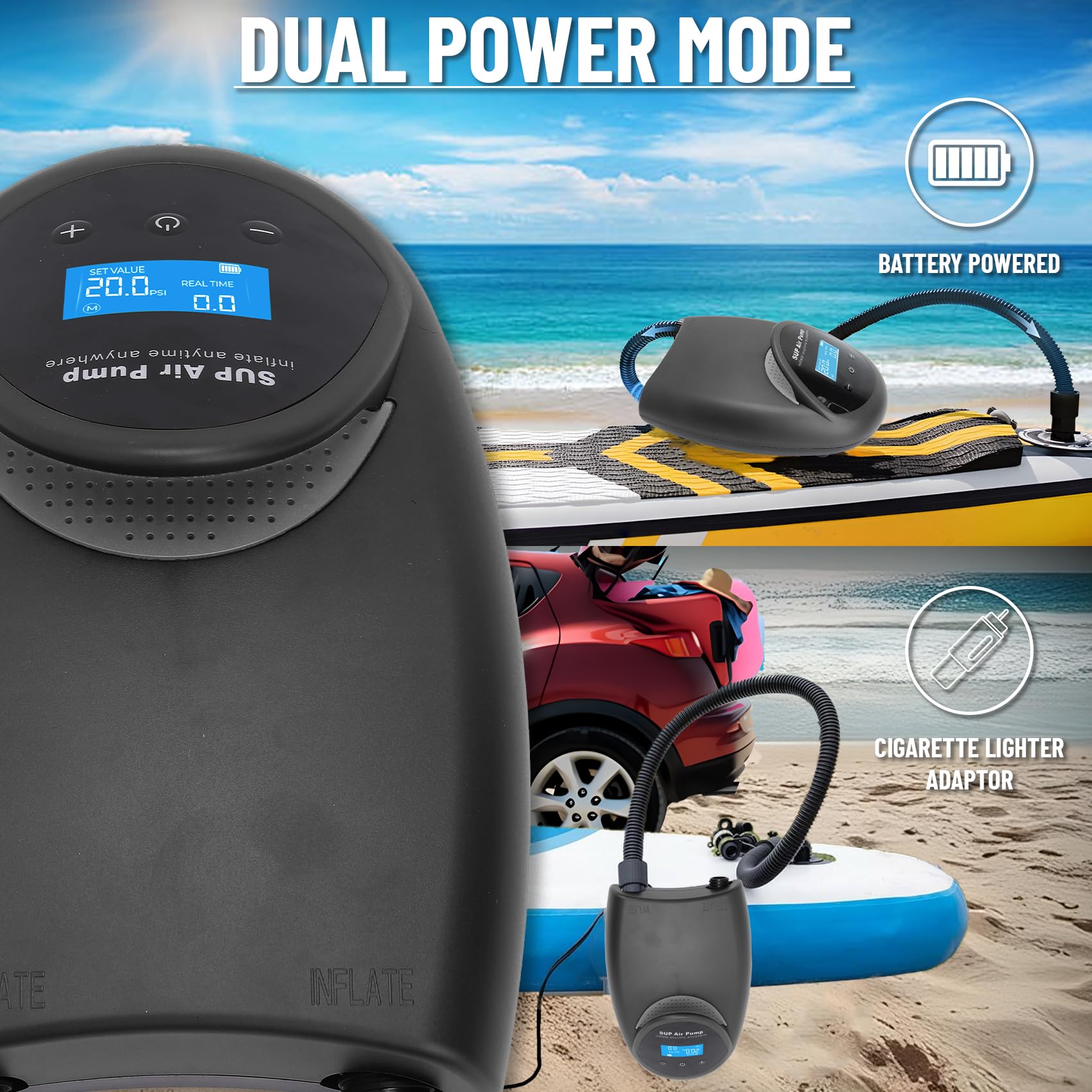 TONSIM Pompa Elettrica SUP Ricaricabile 20 PSI - Gonfiaggio e Sgonfiaggio Veloce, Batteria Integrata, Adattatore 12V per Auto, Ideale per SUP, Kayak e Gommoni