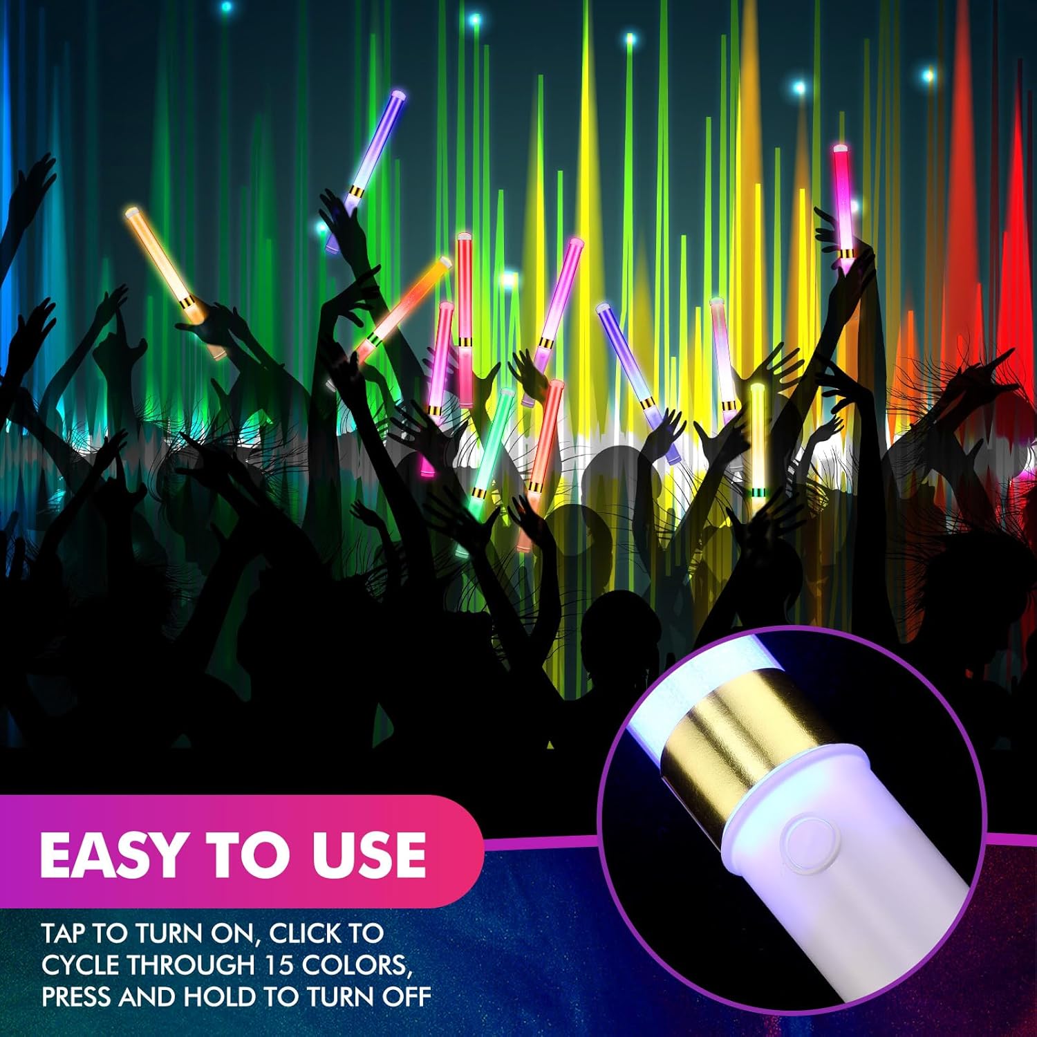 Glooglitter 18 Pcs Glow Sticks Reusable 15 Colors LED Light up Stick Bulk Glow in the Dark Party Supplies Flashing Bright Lightsticks with Aaa Battery Powered for Concert Halloween Carnival (White)