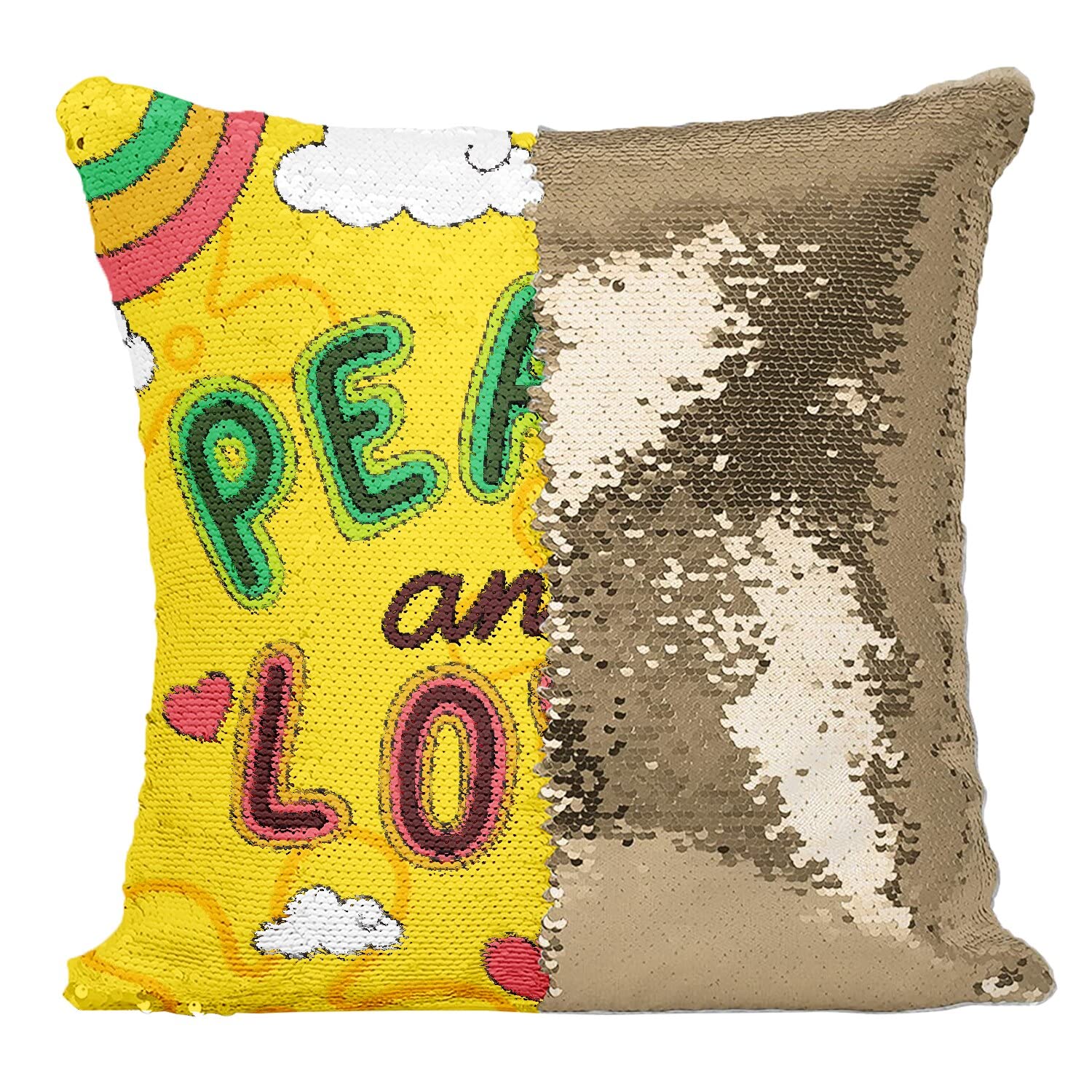 Coussin Housse Sequin Doré Peace and Love Réveillez Votre Déco