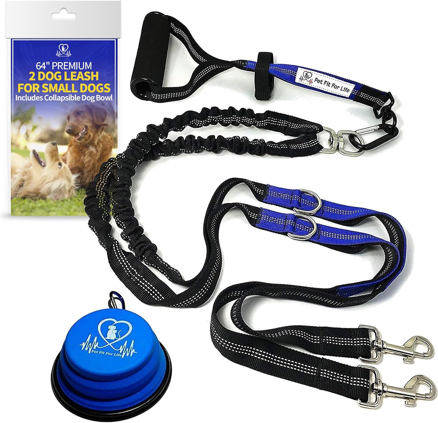 Pet Fit For Life 64" Lightweight Dual Dog Leash for Medium Dogs – Premium No Twist Double Leash with Soft Foam Handle | Shock-Absorbing Bungee & Durable Design | Added Collapsible Water Bowl