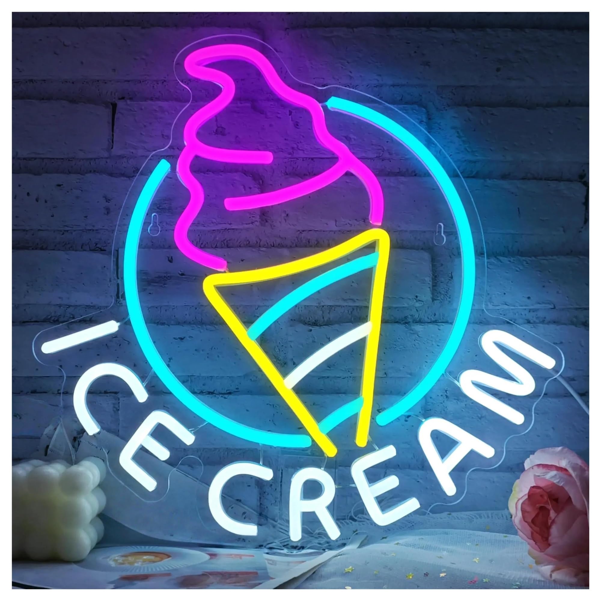 Decoración Lámparas Letrero De Neón Ice Cream Con Luz Para Decoración De Pared, Ideal Para Fiestas De Cumpleaños, Dormitorios, Bares Y Tiendas De Bebidas, 35cmx34cm