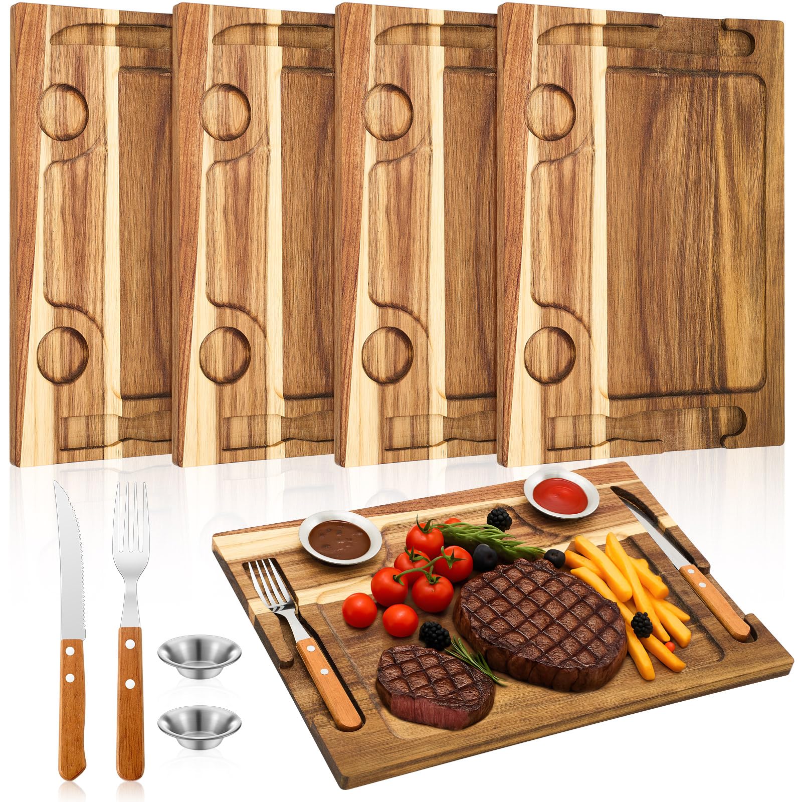 Honeydak 4 Set Acacia Wooden Steak Board Steak Plate Cutting Board with Fork, Knife and Sauce Cups 15.7 Inches Wood Serving Tray for Cheese Charcuterie Meat and Poultry, Birthday Wedding Gift