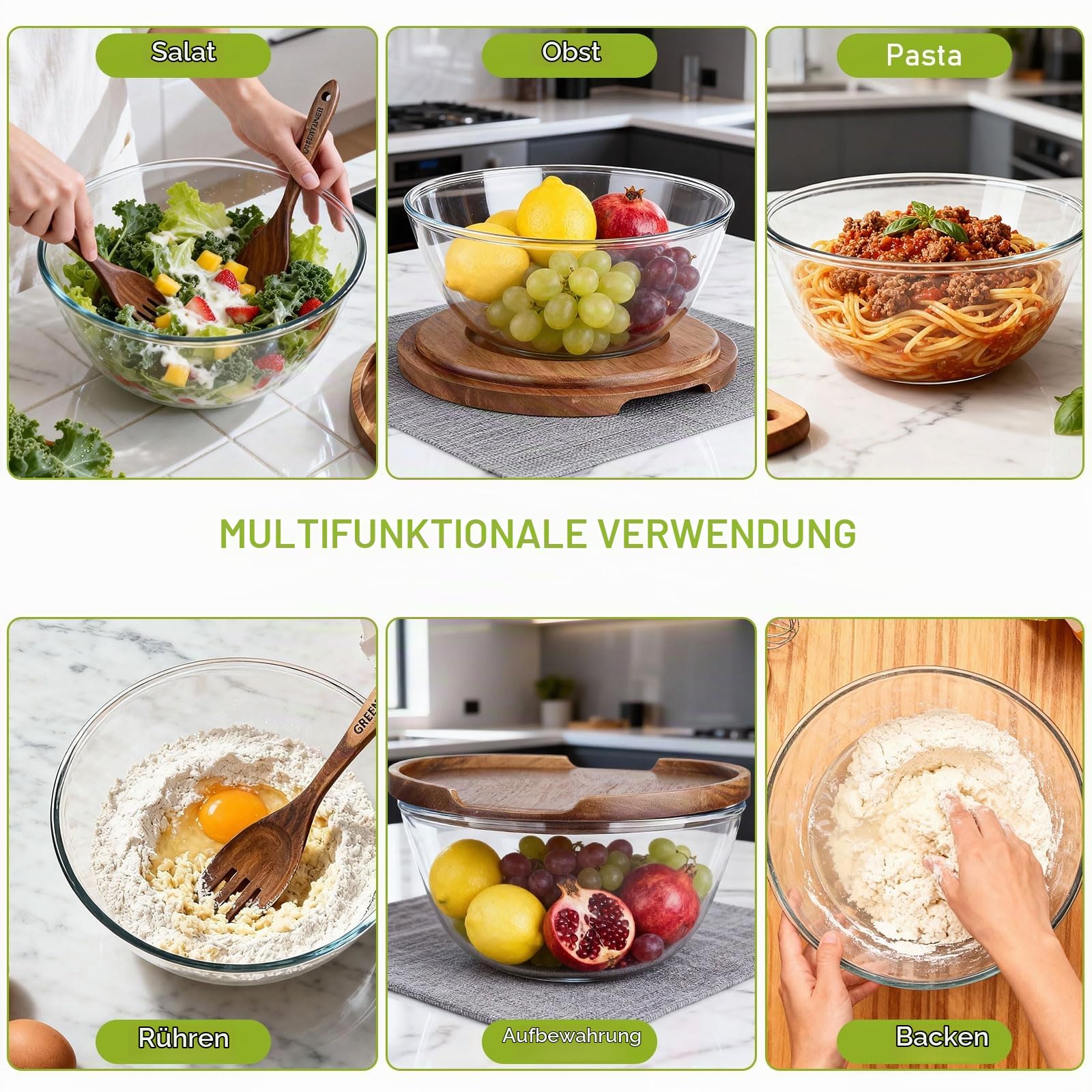 Greentainer Salatschüssel Set 4-teilig, Salatbesteck mit Salatschale, runde Schale, Salatschüssel Glas, spülmaschinengeeignet