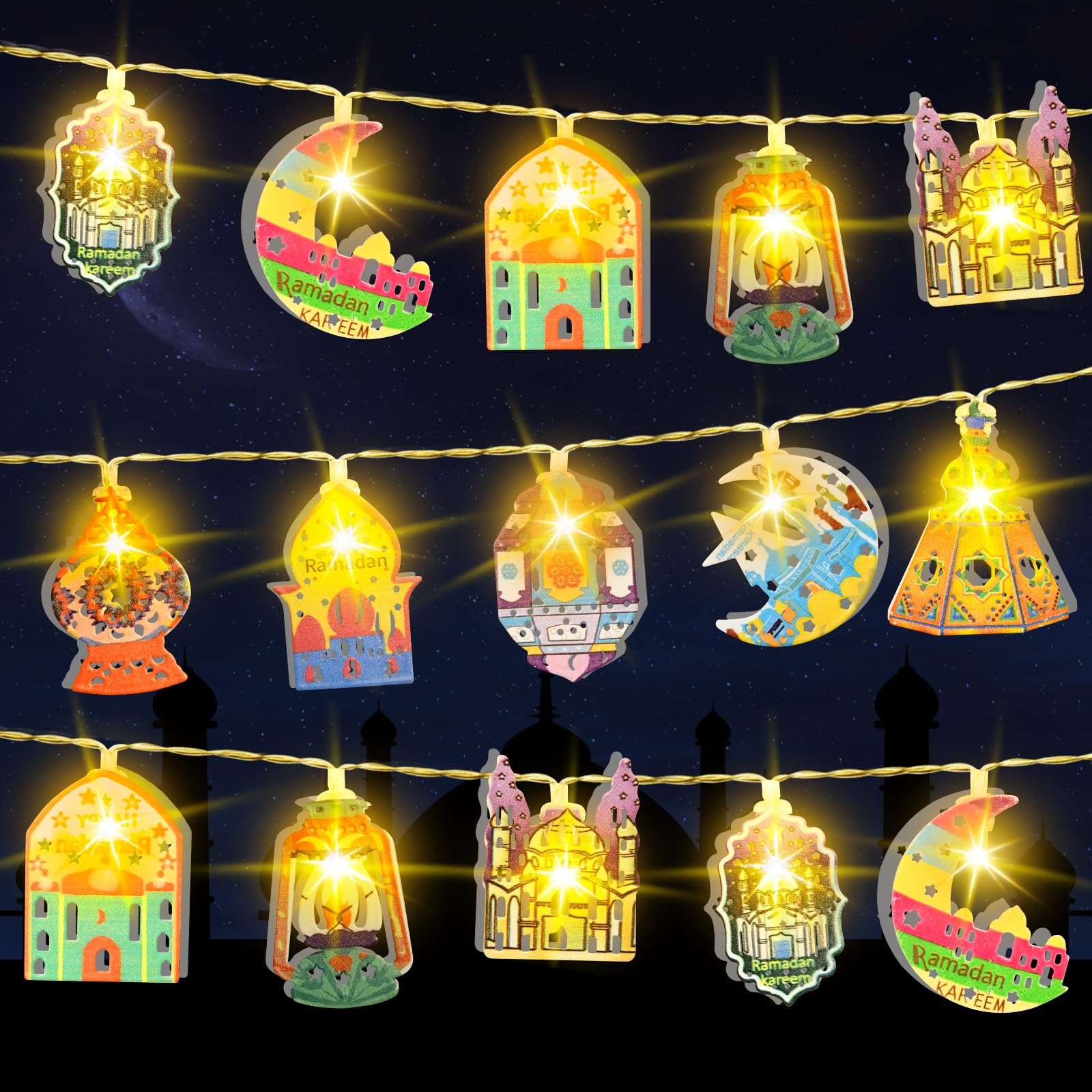 Gcstnn Ramadan Eid Decorations String Lights, 9.8Ft 20LEDs Mubarak Islam Stars Moon Fairy Light Battery Operated with Timer IP65 Waterproof,for Eid Festival Home Garden Party Indoor Outdoor Colorful