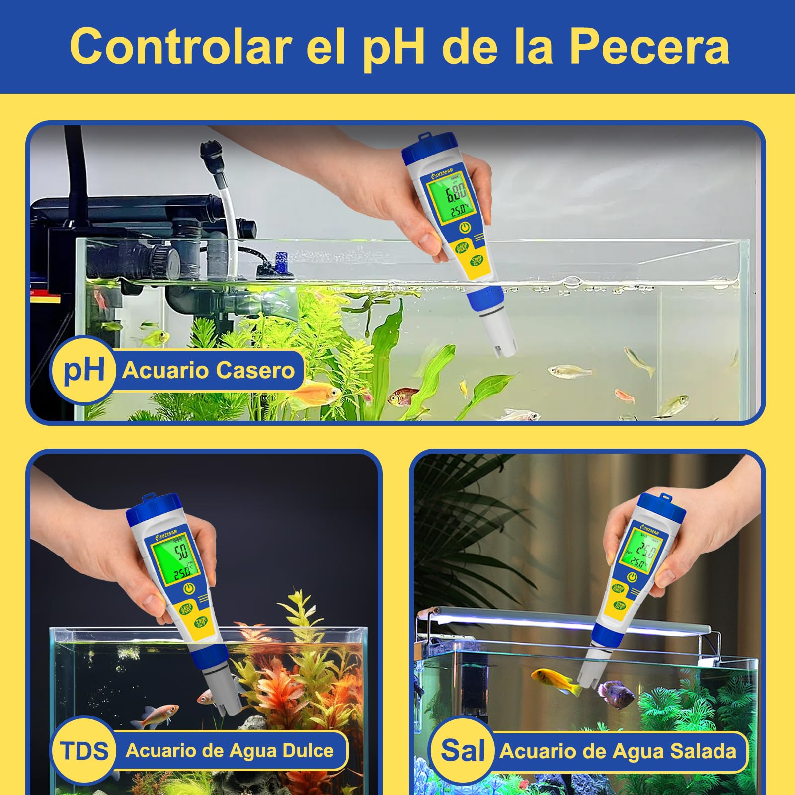 UIUZMAR Medidor de Sal Piscinas, Medidor Digital de Salinidad y pH Piscina Digital, Pantalla Más Grande, 5 en 1 Medidor de pH/Sal/EC/TDS/Temp para Hidroponia, Acuario, Spa, Agua