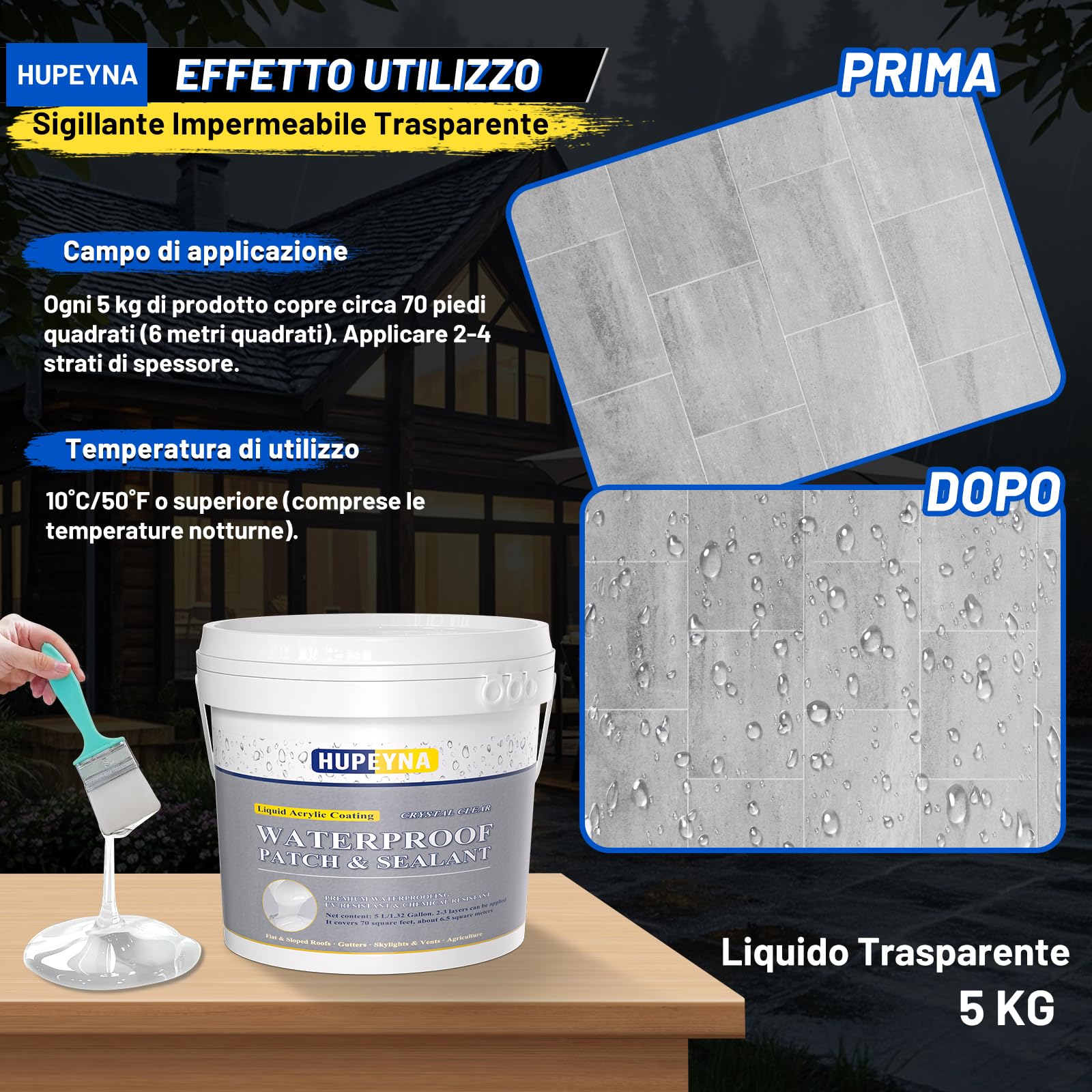 Sigillante Impermeabile Trasparente, Sigillante Impermeabile Liquido di Riparazione Delle Perdite, Gomma Liquida Trasparente Rivestimento Impermeabiles, Colla Impermeabiles per Esterni ed Interni 5KG
