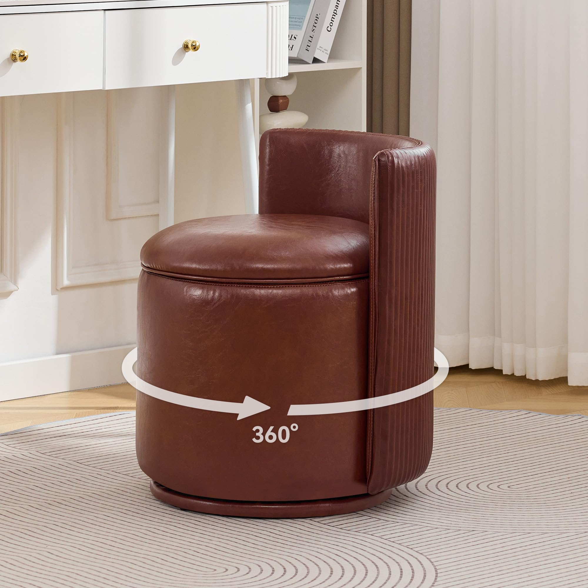 WUTUTUEE Leather Vanity Chair with Storage, 360° Swivel Makeup Chair with Pleated Back, No Assembly Small PU Accent Stool for Bedroom, Dressing Room, Living Room, Brown-image-1