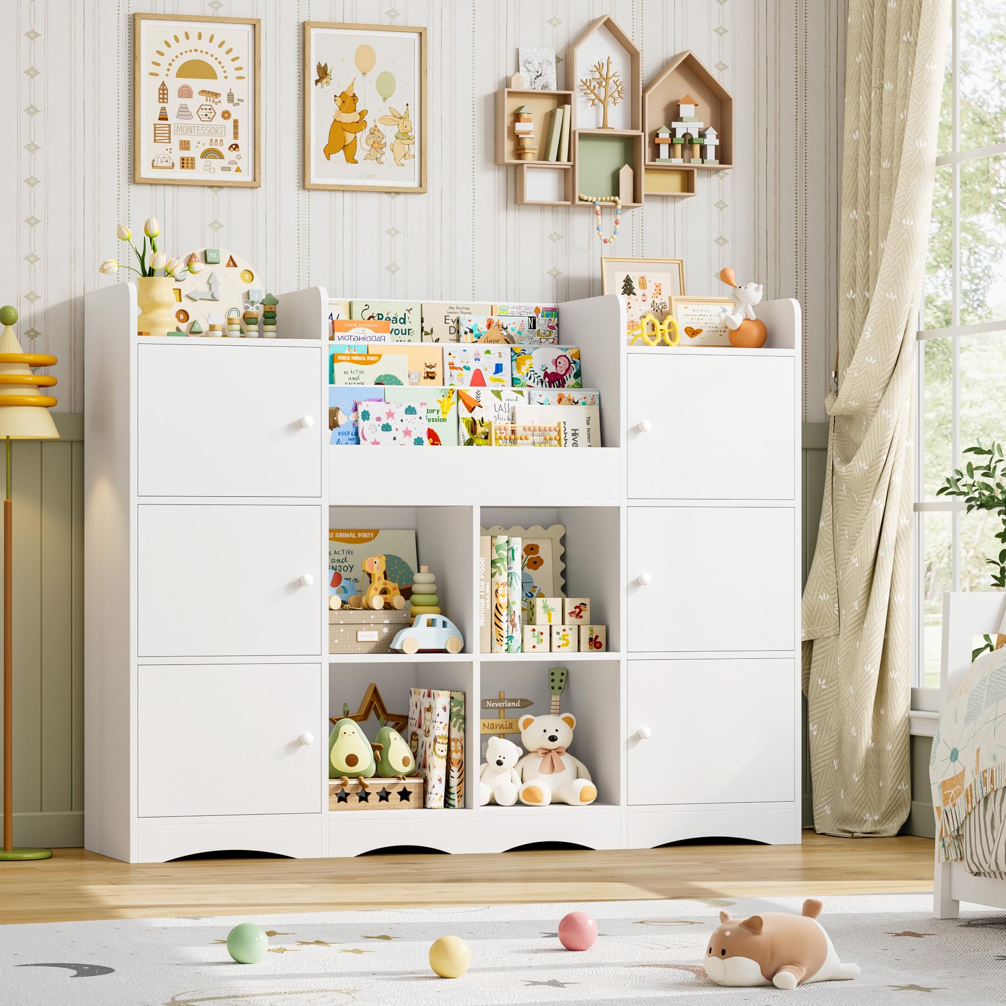 FOREHILL Kinderregal mit 12 Fächer, Bücherregal Kinder, Spielzeug Aufbewahrung, Kinderzimmer Möbel mit 6 Türen, Spielzeugregal mit Montessori Regal 140x30x106 cm Weiß