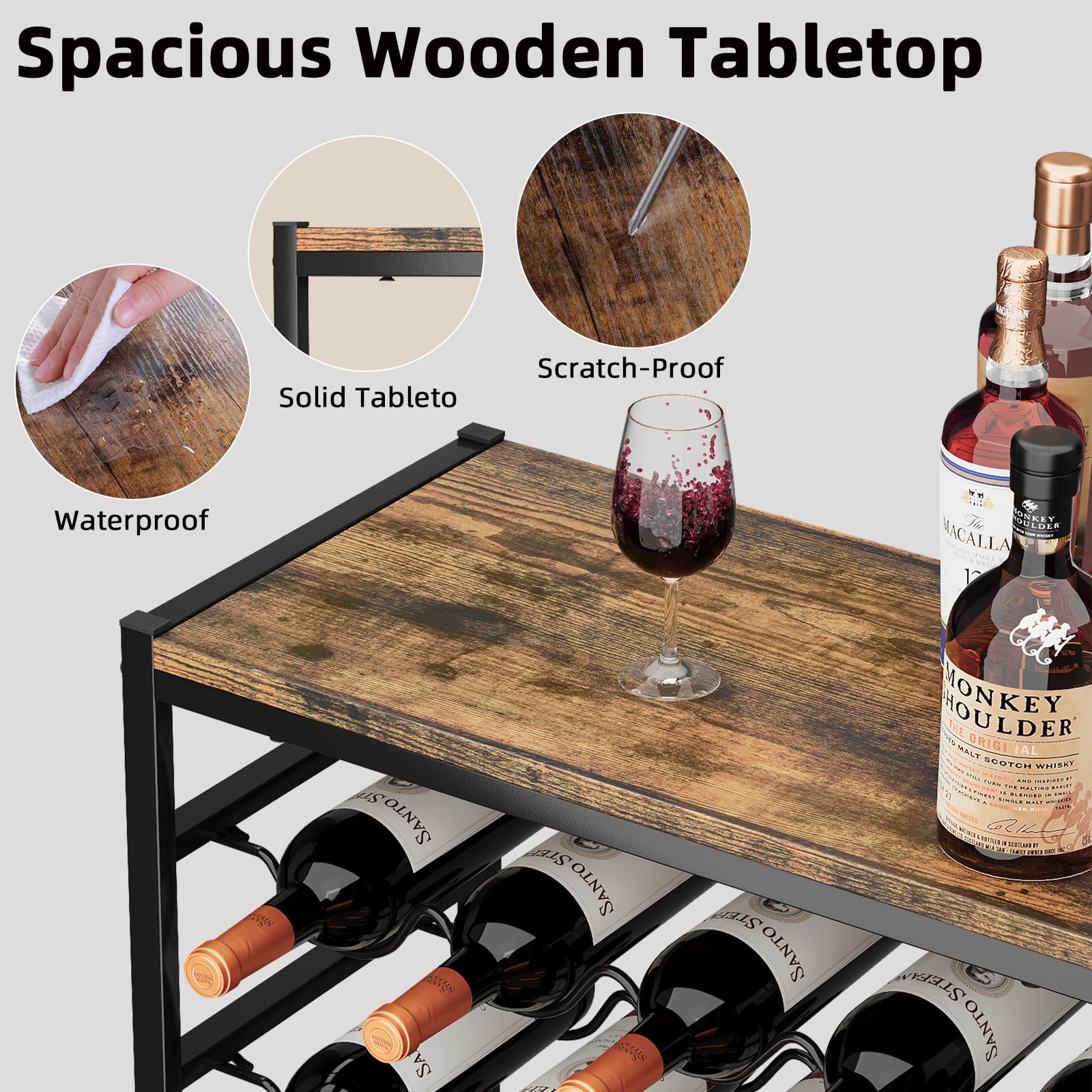 Urban Deco Weinregal für 30 Flaschen, Flaschenregal Stehend mit Holz Tischplatte, Weinregal Metall Schwarz für Küche Bar Keller Esszimmer, 59 x 30 x 89 cm