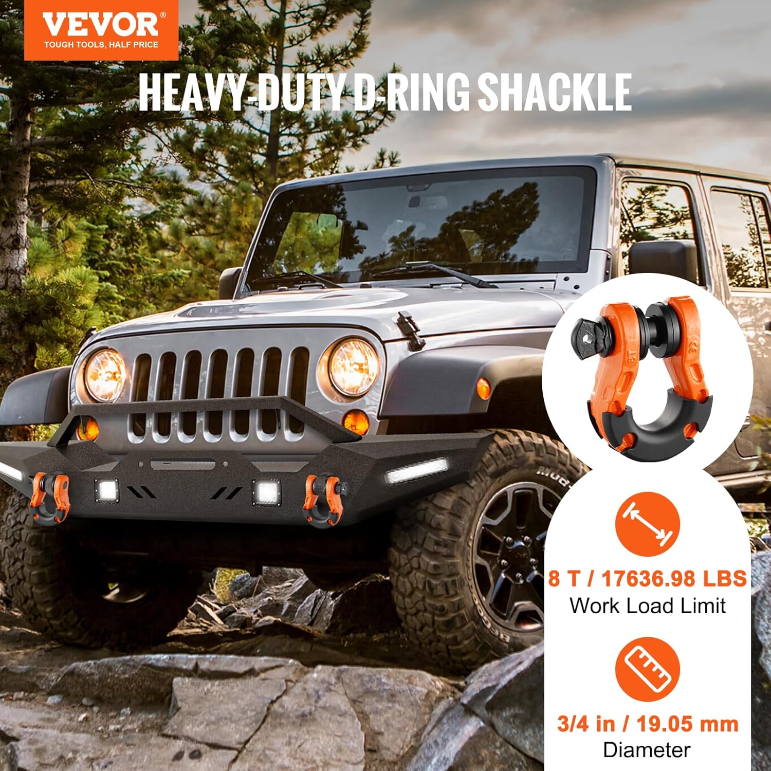 VEVOR 3/4" D Ring Shackle, Orange Shackles for Truck with 7/8” Screw Pin 66139 lbs(30 Ton) Break Strength Black Isolator Washers Kit, Winch Towing Shackle for Truck Jeep Heavy Duty Off Road Recovery
