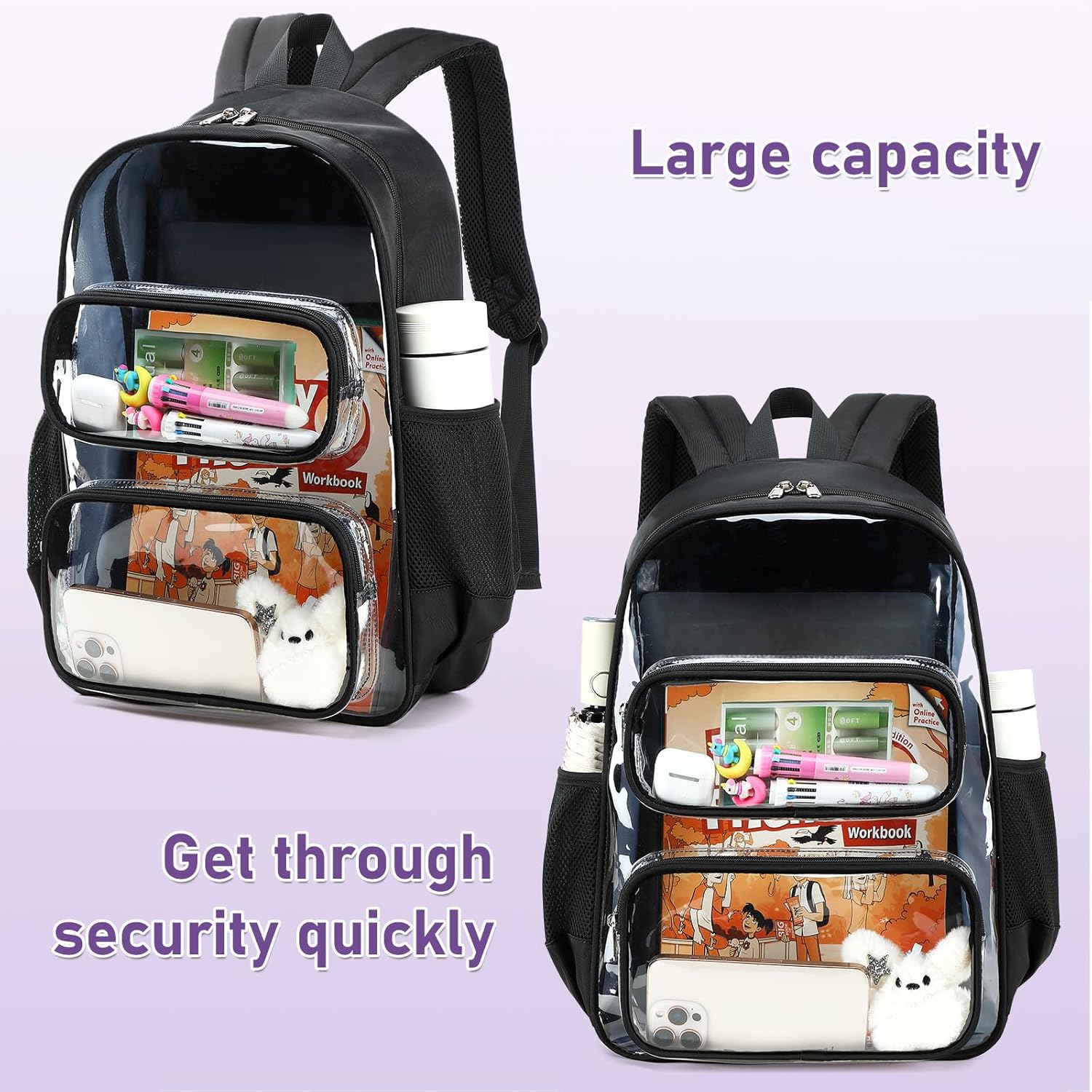 CAMTOP Clear Backpack Heavy Duty Transparent Bag See Through BookBag for Student School Work Festival Sport Travel (Black Cloth) - Image 6