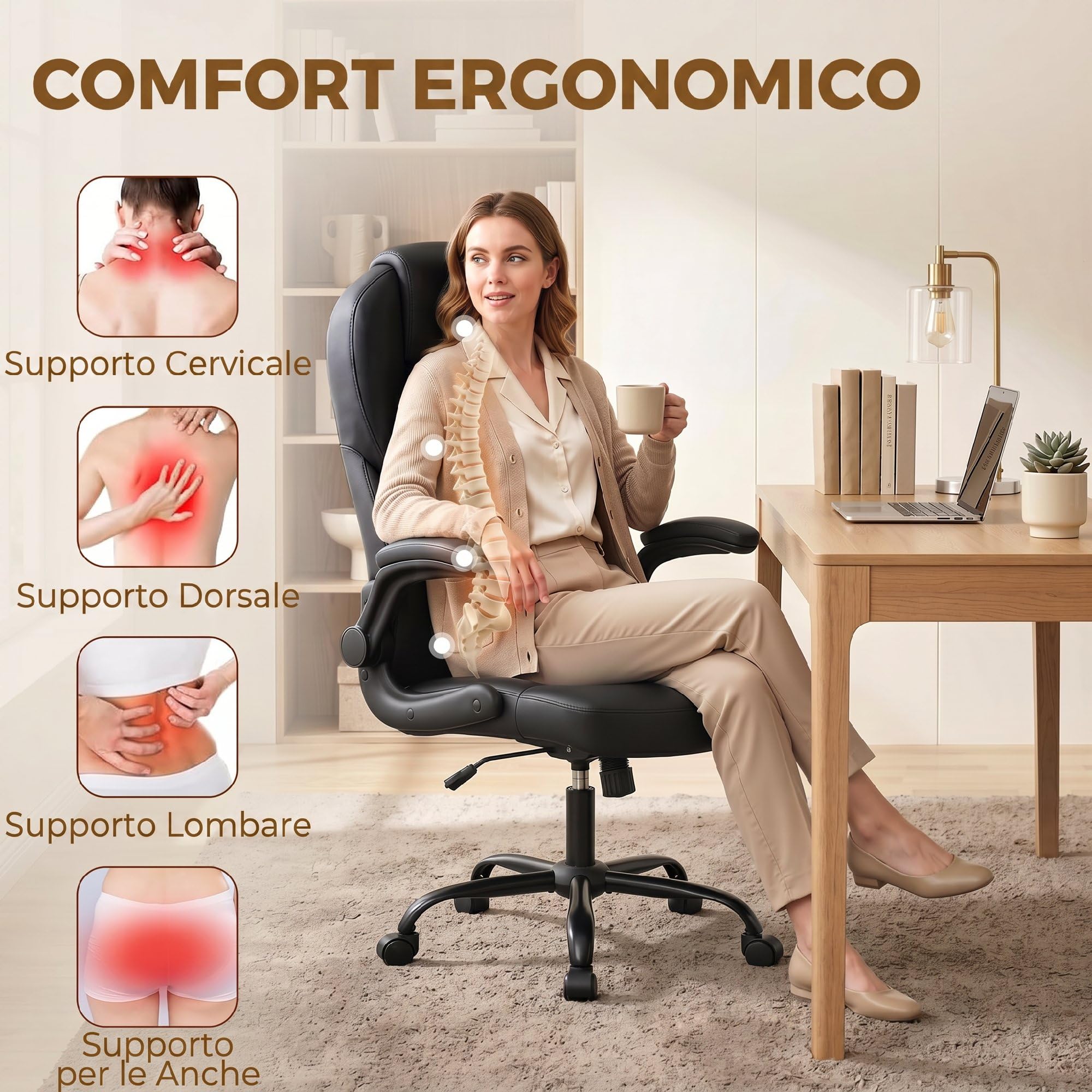 HOMCOM Sedia da Ufficio Ergonomica, Braccioli Ribaltabili Imbottiti, Nero | Schienale Curvato Alto Traspirante, Sedia Scrivania Imbottita Girevole in Pelle PU, Funzione Dondolo, Altezza Regolabile
