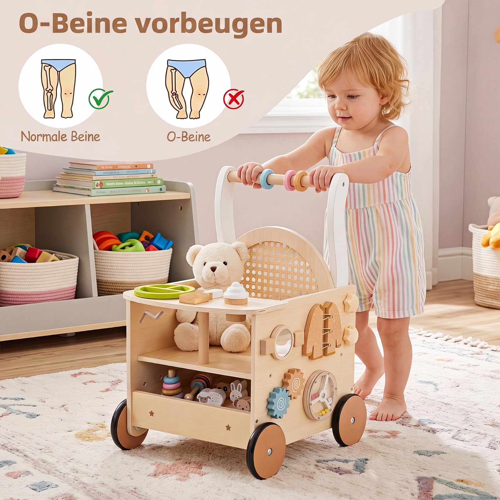 COSTWAY Montessori Baby wózek do nauki chodzenia z drewna, wielofunkcyjny | Baby Walker z wielofunkcyjnym centrum aktywności, zabawka do biegania z kółkami i schowkiem, dla chłopców i dziewczynek od 1