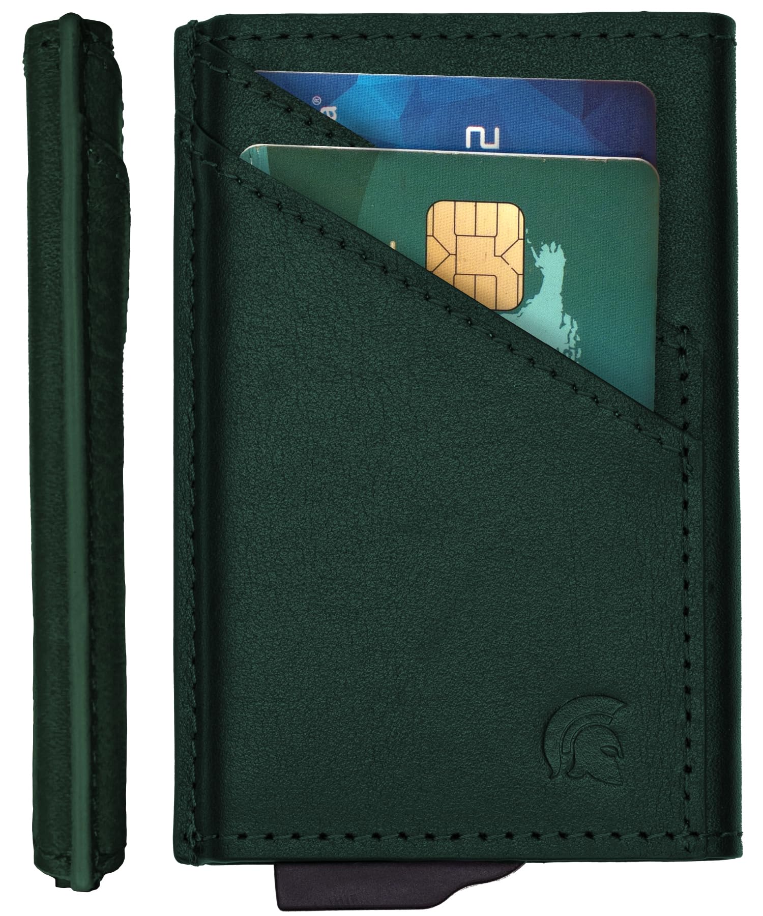 POWR Card Holder Wallet, Racing Green Vegan Leather RFID Card Holder for Men, Minimalist Wallet Credit Card Holders for Men, Pop Up Metal Slim Credit Card Holder
