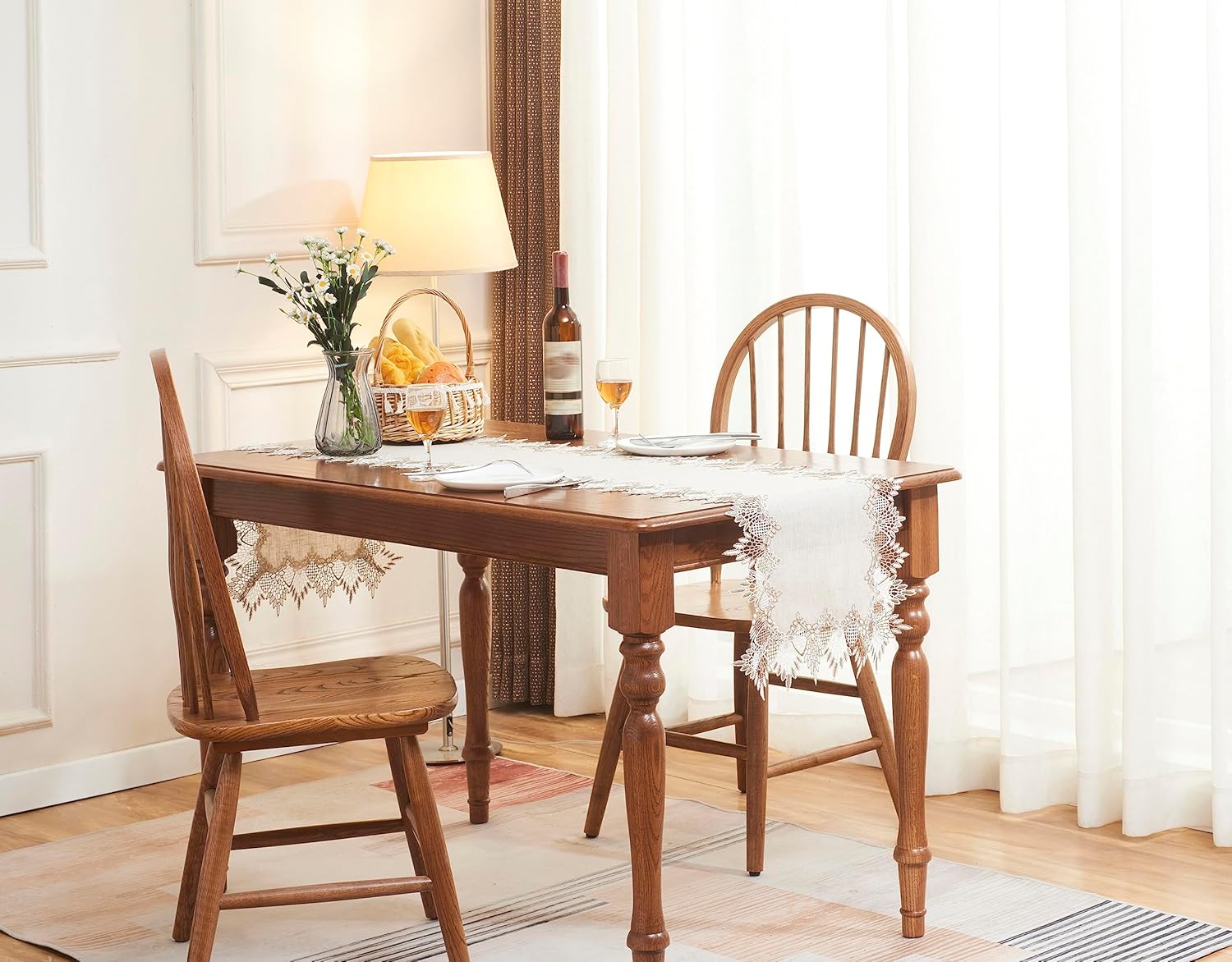 Natural Neutral Earth Tones Beige Lace Linen Table Runner 72 inches and Placemats 14”x20” Set of 2,Table Topper Dresser Scarf Place Mats