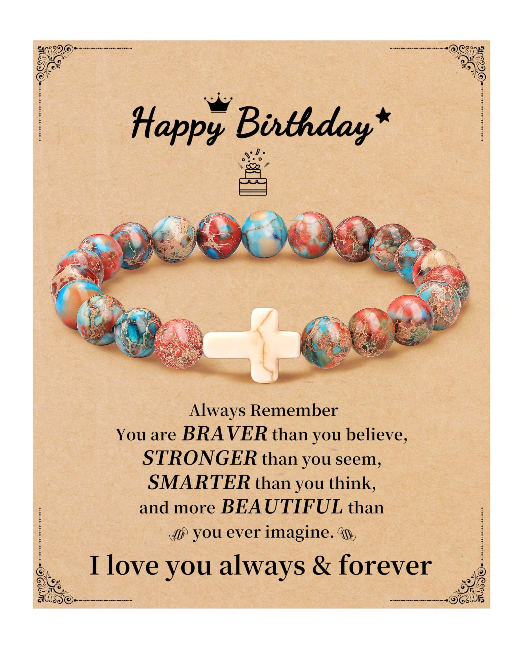 JSJOY Nature Stone Bracelet Birthday Gifts for Women Girls, Birthday Cross Bracelet Gifts for Age 6 to 80 Year Daughter Granddaughter Niece Mom Sister Christian Easter Gifts