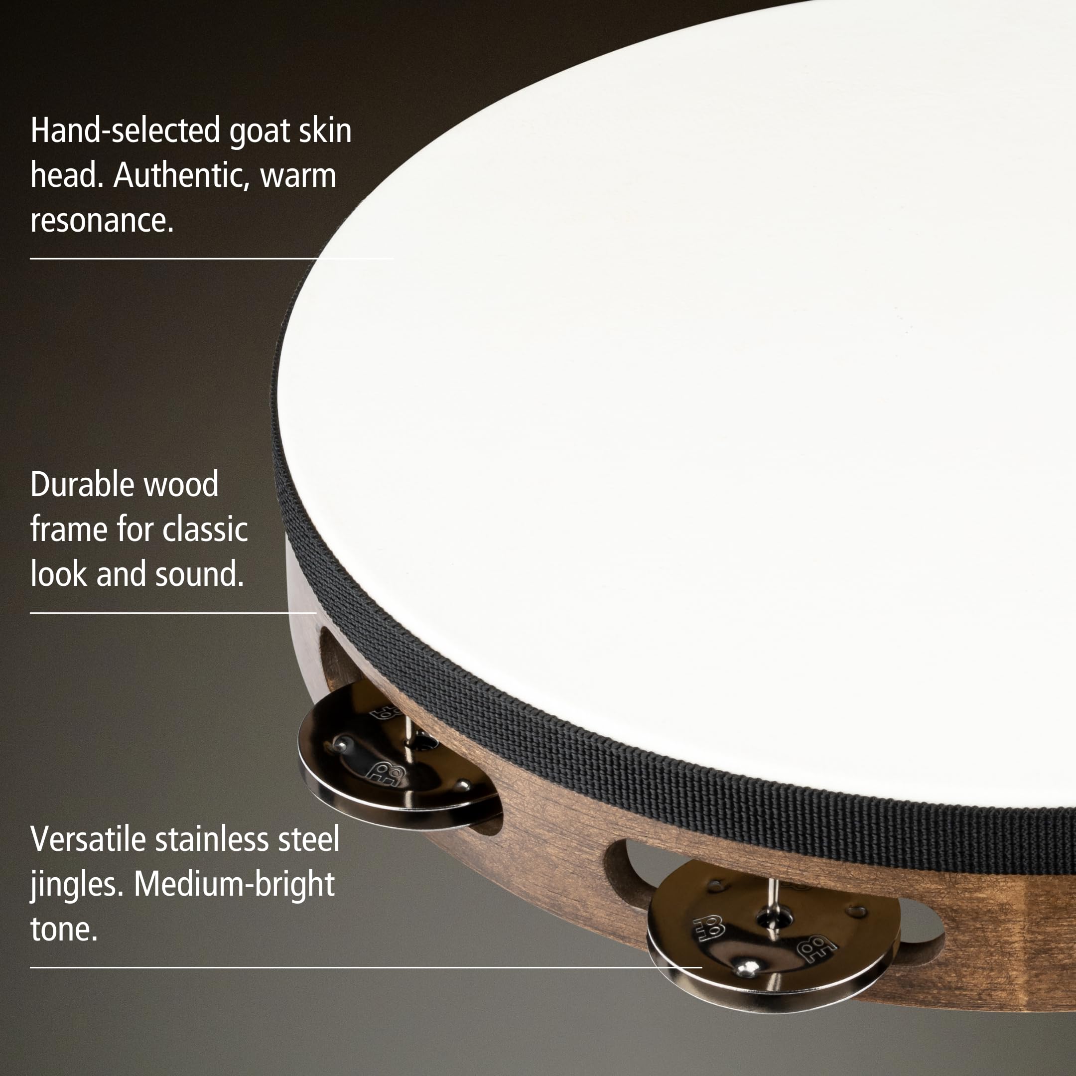 Meinl Percussion Traditional Goatskin Wood Tambourine, Braun (TAH1WB) | Tamburin mit 1 Reihe Jingles, Durchmesser 10 Zoll, mit Ziegenfell, Holz und Stahl