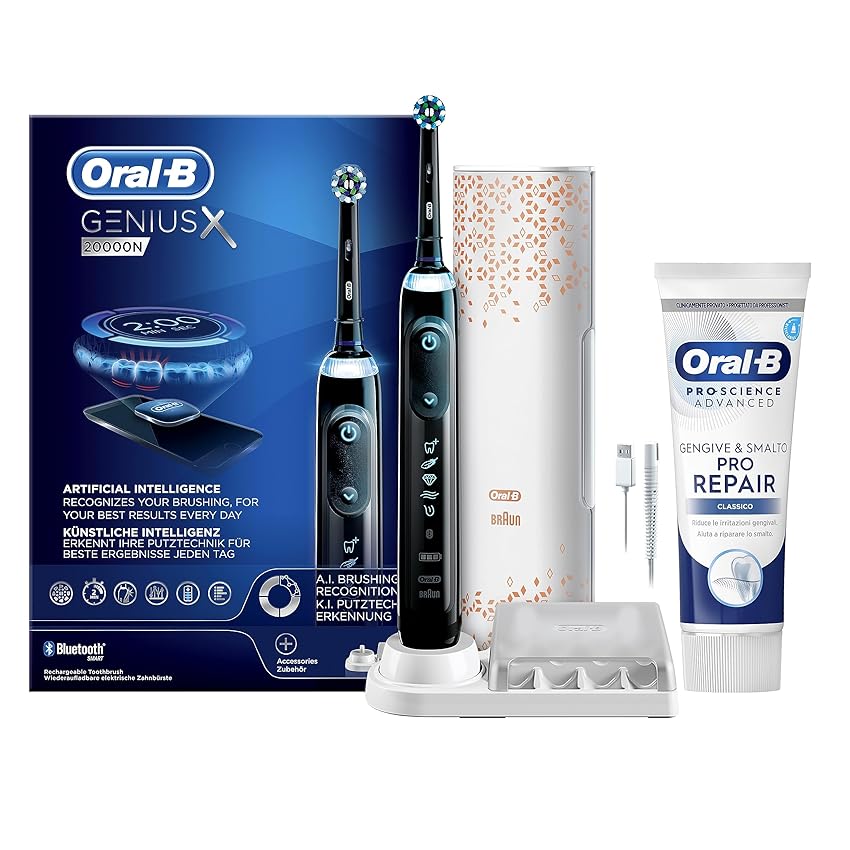 Immagine del prodotto Oral-B Spazzolino Elettrico Ricaricabile Genius X Nero con Intelligenza Artificiale, 1 Testina, 1 Custodia + 1Dentifricio Gengive&Smalto Classico 75ml