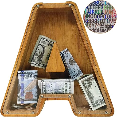 Miniatura 49 de Alcancía para niños y niñas, alcancía grande de madera personalizada con diseño recortado, bancos de monedas con letras del alfabeto, caja de ahorro