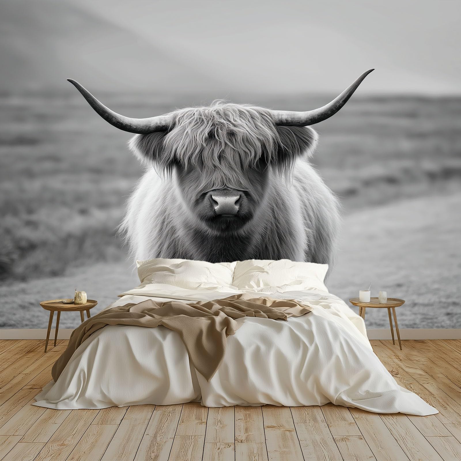 Scottish Highland Cattle 3D panoramiczna fototapeta 300 x 210 cm, fototapeta, szara, włóknina, druk artystyczny, polar, fototapeta, dekoracja, plakat, nowoczesny design