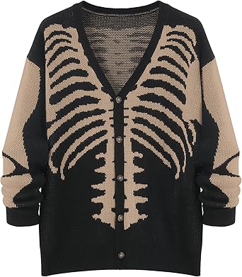 Mens Skeleton Pattern Y2K Chunky Cardigan Sweaters Long Sleeve Unisex Outwear Knitted Coats