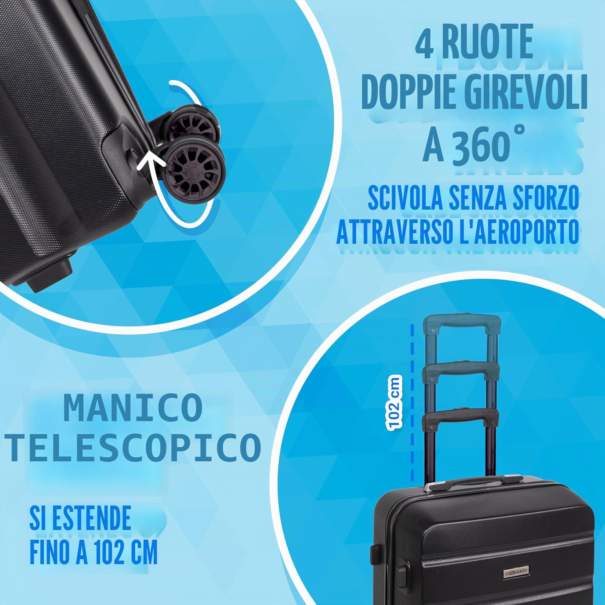 Leonardo® Bagage Grande Taille de Voyage | Valigia con Chiusura TSA | Valigia da Viaggio | Borsa da Viaggio con 4 Ruote Doppie | Bagaglio a Mano | Trolley | Valigia Rigida | Set S-M-L | Venezia | Nero