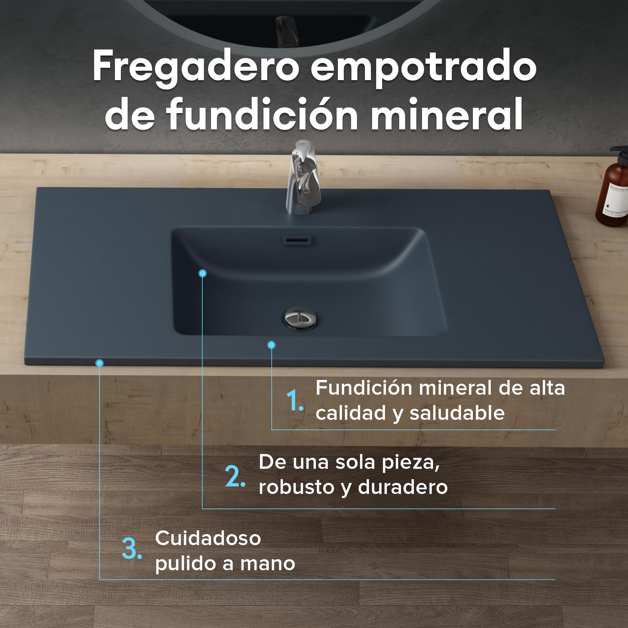 doporro Lavabo Empotrado Antracita Mate Baño 80x48x14 cm Lavamanos Rectangular de Mármol Fundido Colossum02