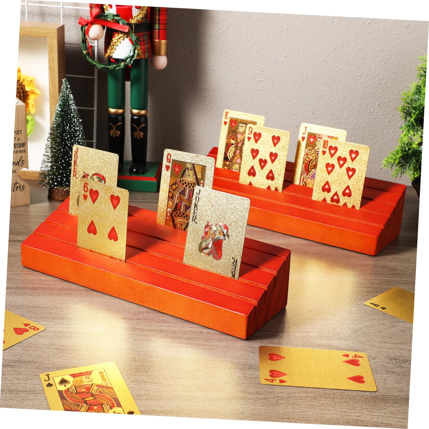 Kisangel 4piezas Base de Madera para Naipes Porta Cartas para Adultos Bandeja para Cartas para Mesa Bridge Fiestas