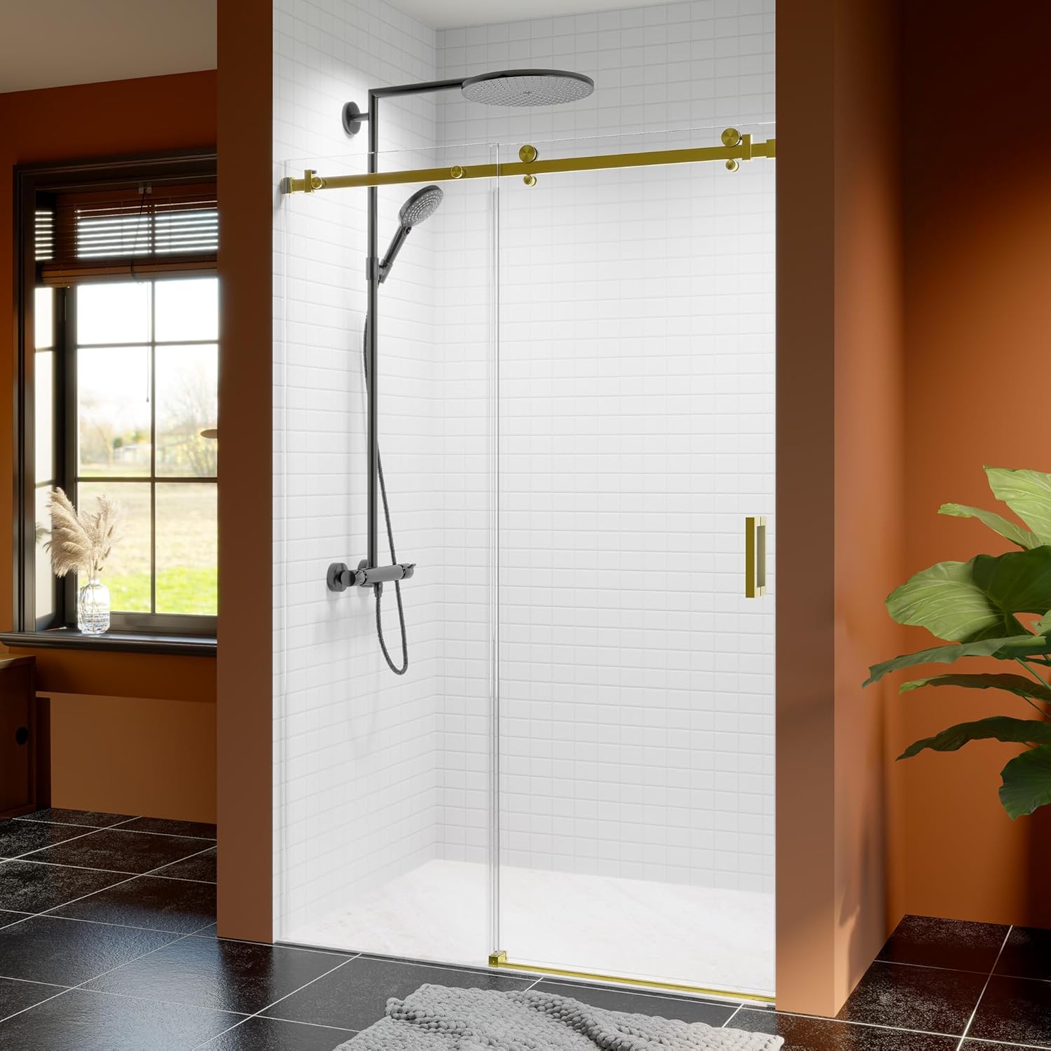 46-48 Inch Frameless Sliding Shower Door, 76" Height, 5/16" (8mm) Clear Tempered Glass, Smooth Gliding Track & Anti-Jumping System, Stainless Steel Brushed Gold Finish