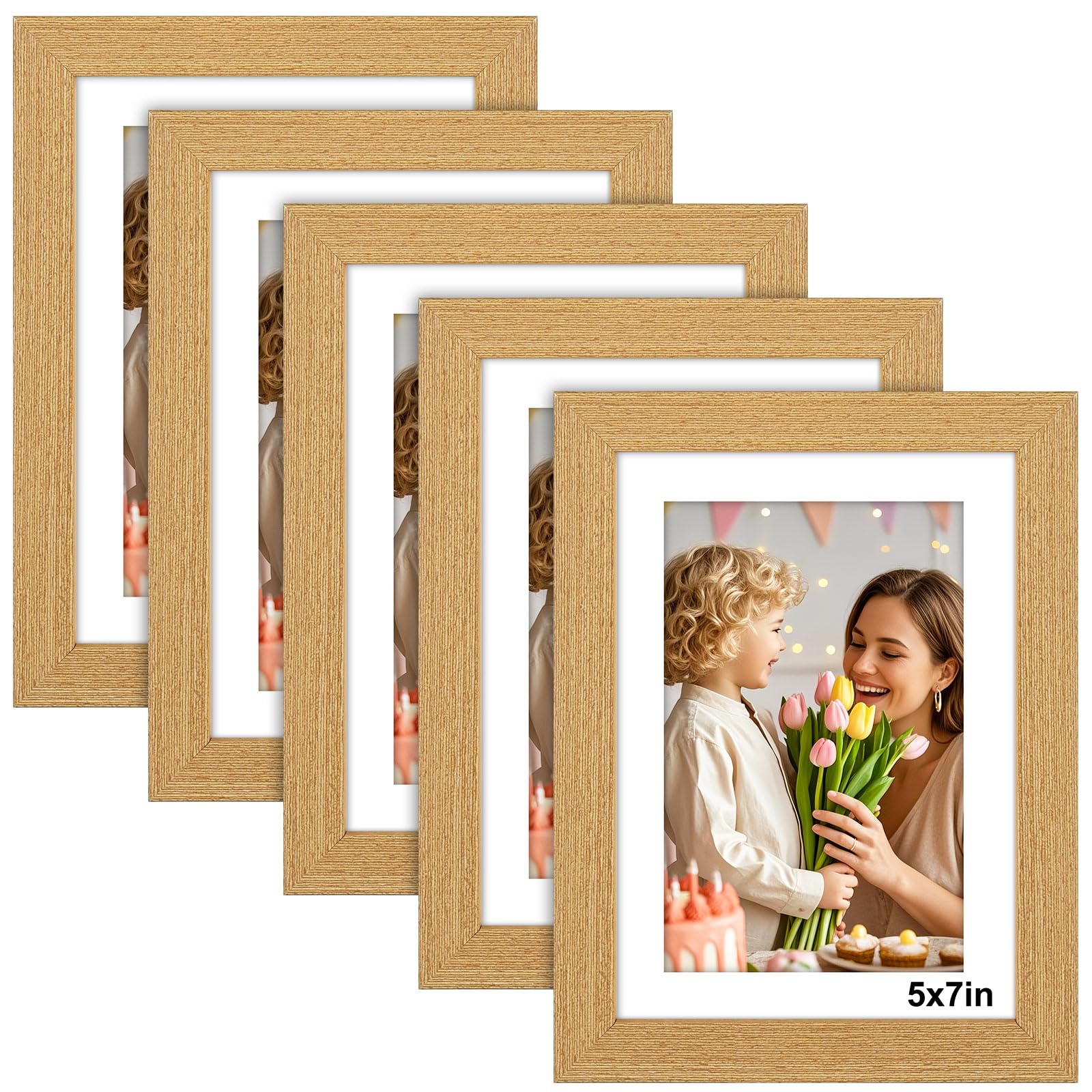 7x5 Photo Frame Wood Effect - 5 Pack 5x7 Picture Frames with Mount, Photo Frames 7x5 Picture Frame for Wall Mount & Desktop